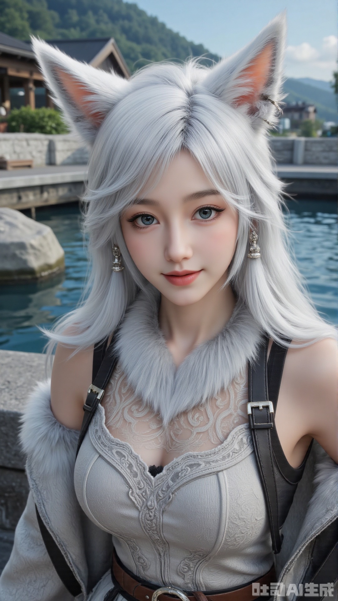 1girl, white hair, solo, animal_ears, long hair, perfect body, scenery, sharp focus, best quality, masterpiece, detailed outfit, illustration, perfect eyes, finely detailed beautiful anime eyes, realistic skin, intricate details, best lighting, depth of field, ultra high resolution,cowboy_shot