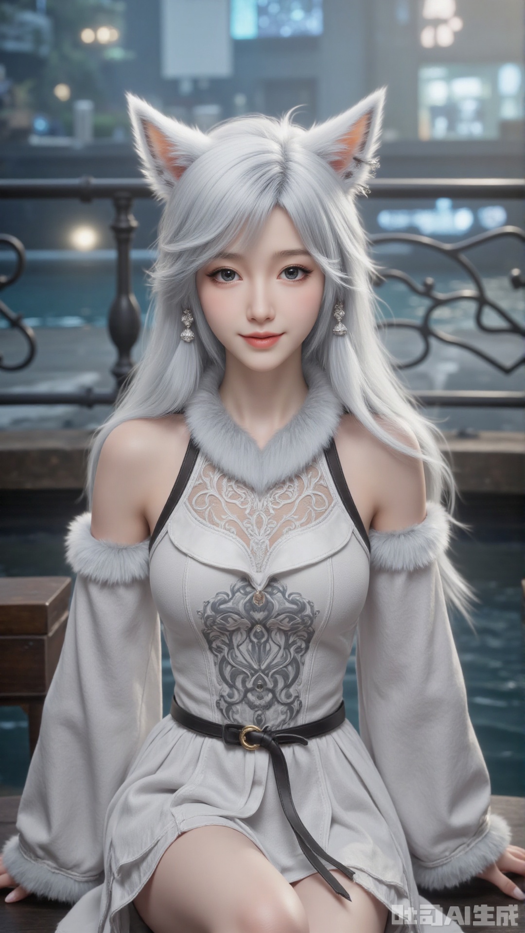 1girl, white hair, solo, animal_ears, long hair, perfect body, scenery, sharp focus, best quality, masterpiece, detailed outfit, illustration, perfect eyes, finely detailed beautiful anime eyes, realistic skin, intricate details, best lighting, depth of field, ultra high resolution,sitting