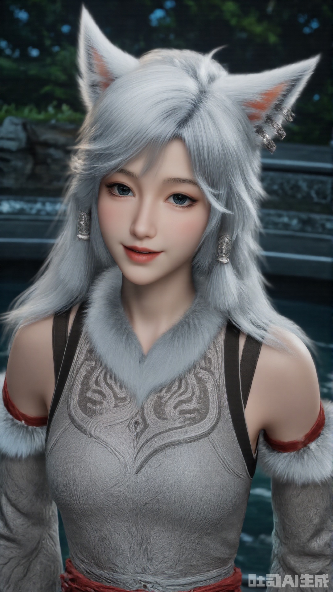 1girl, white hair, solo, animal_ears, long hair, perfect body, scenery, sharp focus, best quality, masterpiece, detailed outfit, illustration, perfect eyes, finely detailed beautiful anime eyes, realistic skin, intricate details, best lighting, depth of field, ultra high resolution,sitting