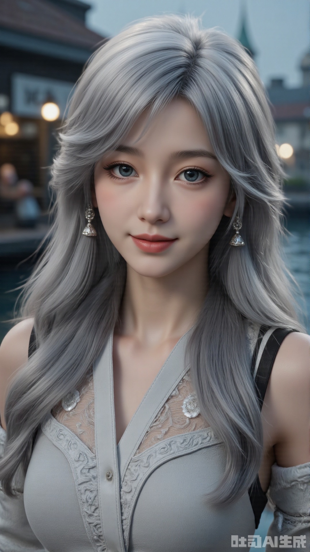  a asian woman, sexy long hair, blue eyes, charming and seductive temperament, distant close-up, golden ratio, movie texture, minimalism, high-end feeling, strong contrast between cold and warm, outdoor scenes, 