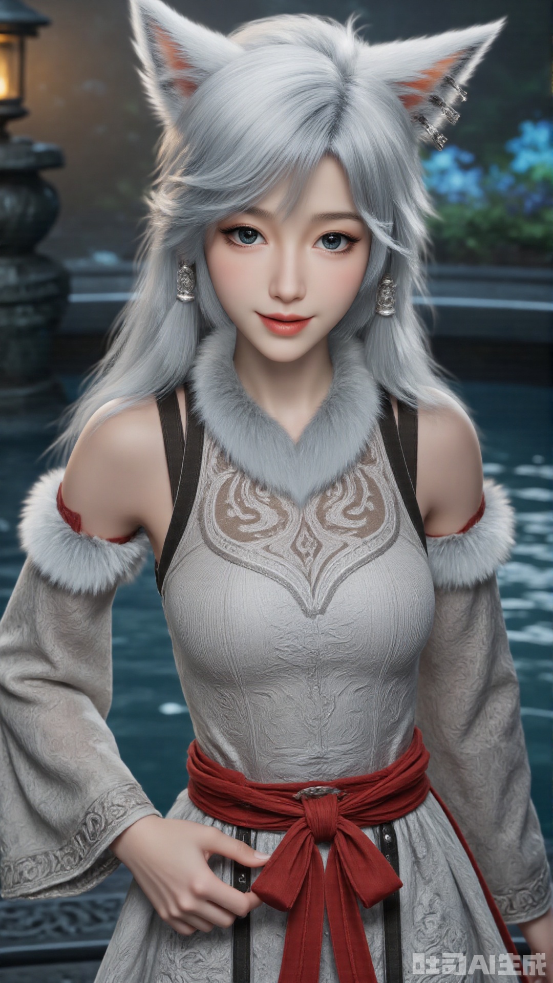 1girl, white hair, solo, animal_ears, long hair, perfect body, scenery, sharp focus, best quality, masterpiece, detailed outfit, illustration, perfect eyes, finely detailed beautiful anime eyes, realistic skin, intricate details, best lighting, depth of field, ultra high resolution,cowboy_shot