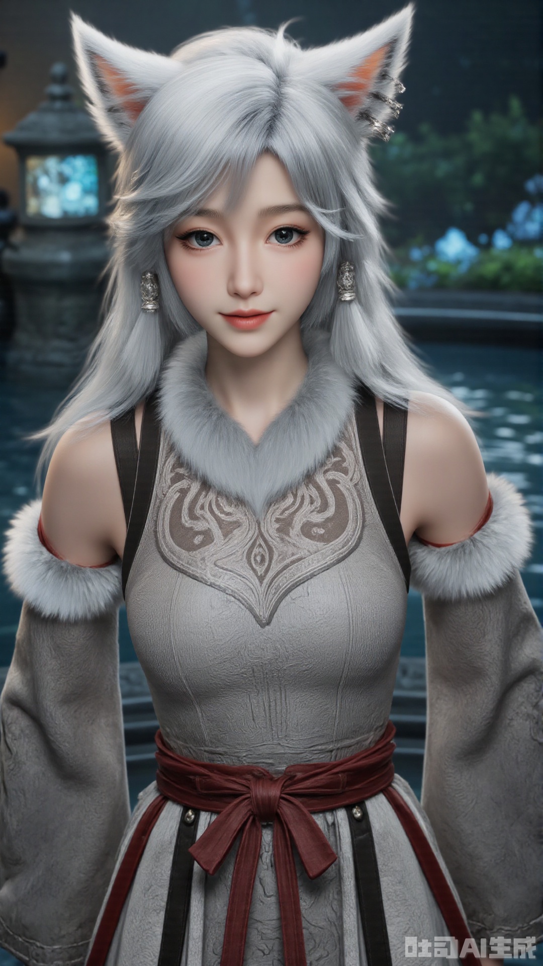 1girl, white hair, solo, animal_ears, long hair, perfect body, scenery, sharp focus, best quality, masterpiece, detailed outfit, illustration, perfect eyes, finely detailed beautiful anime eyes, realistic skin, intricate details, best lighting, depth of field, ultra high resolution,cowboy_shot