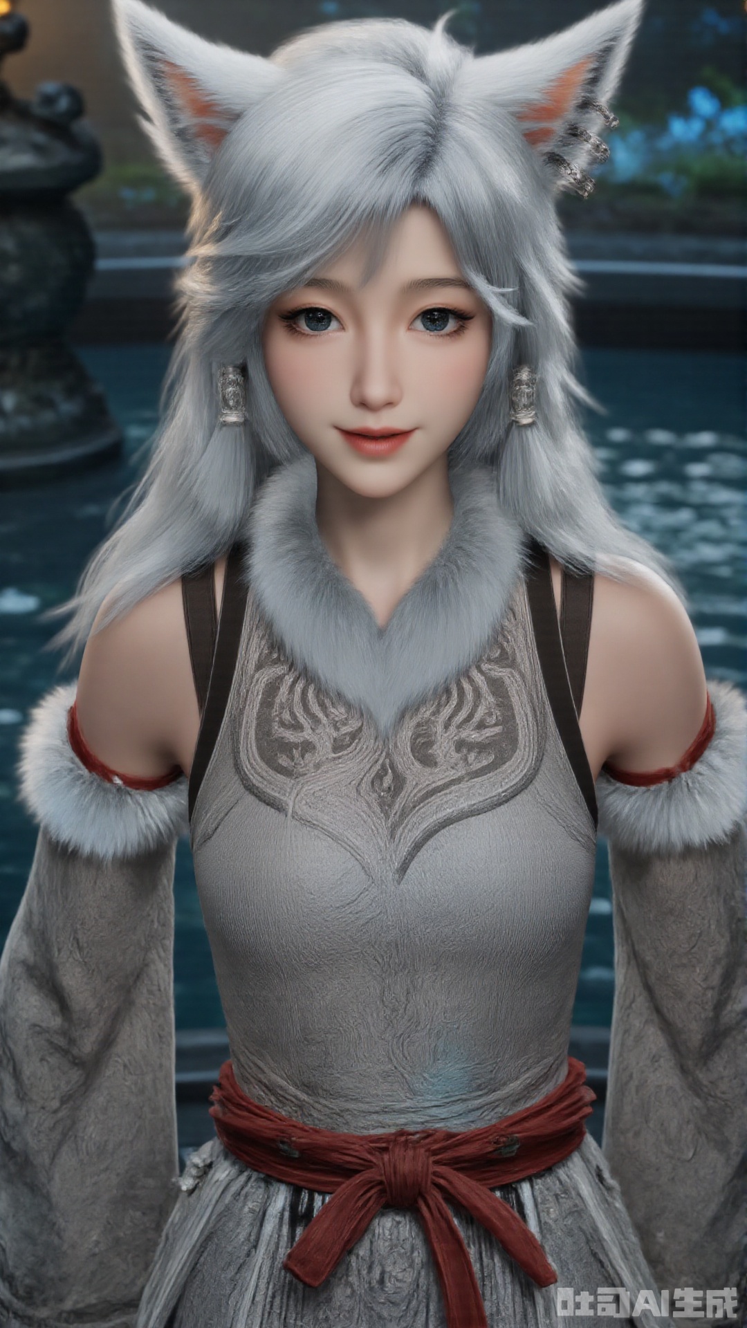 1girl, white hair, solo, animal_ears, long hair, perfect body, scenery, sharp focus, best quality, masterpiece, detailed outfit, illustration, perfect eyes, finely detailed beautiful anime eyes, realistic skin, intricate details, best lighting, depth of field, ultra high resolution,cowboy_shot