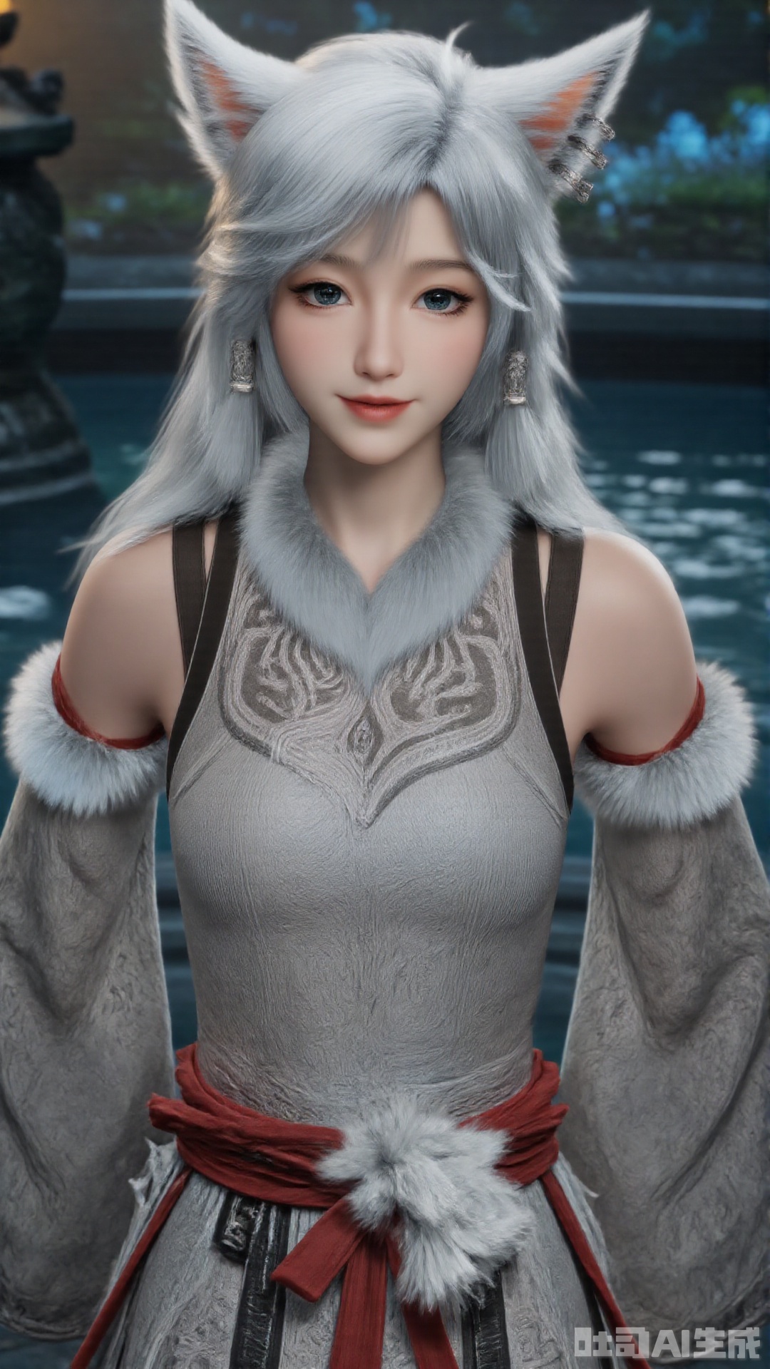 1girl, white hair, solo, animal_ears, long hair, perfect body, scenery, sharp focus, best quality, masterpiece, detailed outfit, illustration, perfect eyes, finely detailed beautiful anime eyes, realistic skin, intricate details, best lighting, depth of field, ultra high resolution,sitting