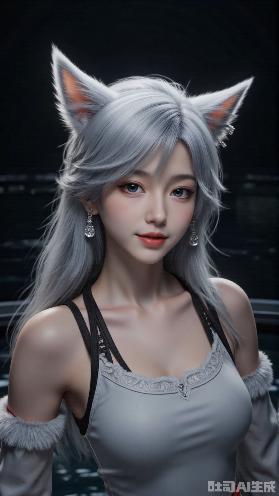 1girl, solo, long hair, red lips,looking at viewer, upper body, glowing hair,hair ornament,white sling shirt,bare shoulders,in water,hair bun,ribbon,earrings,black background,light,dark background