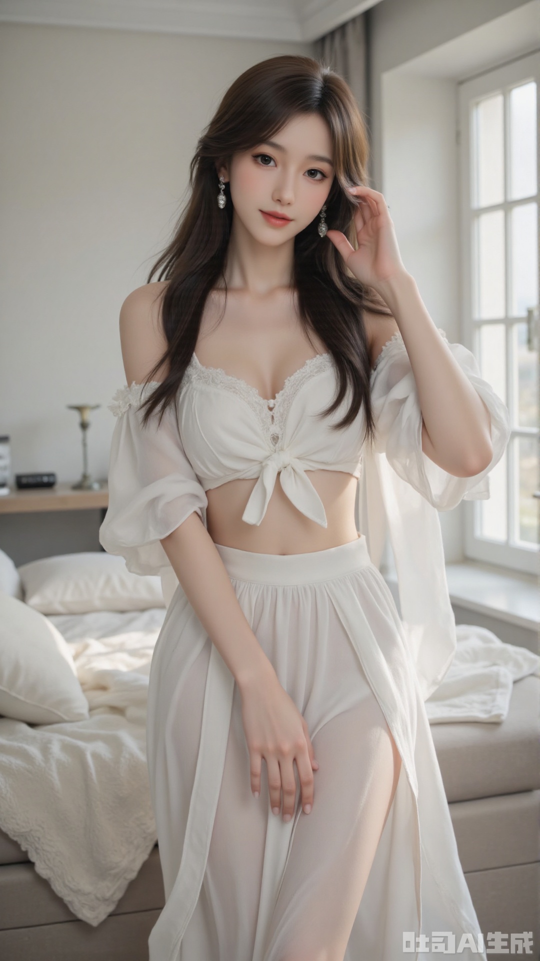 An elegant indoor advertising photograph showcasing a model with long, flowing hair and a graceful posture, wearing a simple yet elegant slip dress. Her pose is effortlessly chic and sophisticated, conveying timeless elegance. The setting is a minimalist bedroom with soft, diffused lighting and neutral colors. The overall mood is refined and timeless, emphasizing the classic beauty and versatility of the dress. High resolution, 8k, soft lighting, hyperrealistic, photorealistic, detailed textures, shallow depth of field, glamour photography, editorial photography, advertisement photography, trending on artstation.