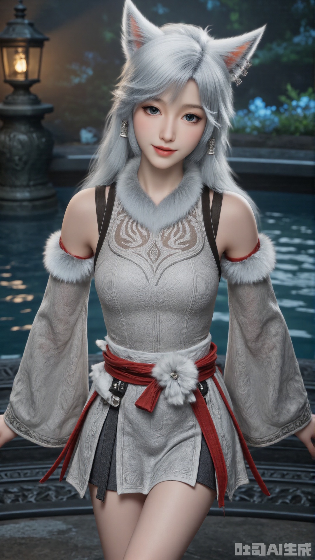 1girl, white hair, solo, animal_ears, long hair, perfect body, scenery, sharp focus, best quality, masterpiece, detailed outfit, illustration, perfect eyes, finely detailed beautiful anime eyes, realistic skin, intricate details, best lighting, depth of field, ultra high resolution,sitting