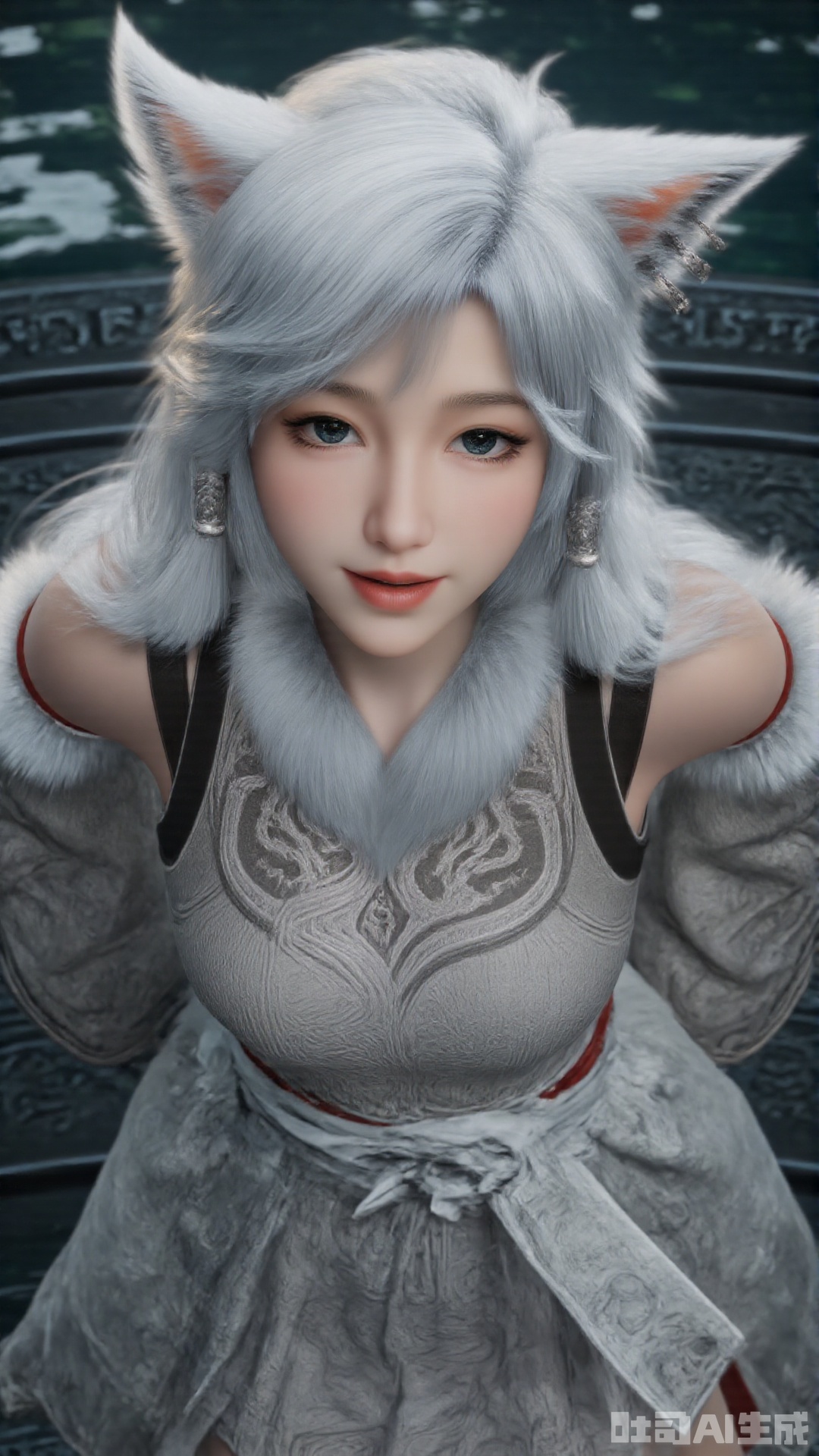 1girl, white hair, solo, animal_ears, long hair, perfect body, scenery, sharp focus, best quality, masterpiece, detailed outfit, illustration, perfect eyes, finely detailed beautiful anime eyes, realistic skin, intricate details, best lighting, depth of field, ultra high resolution,cowboy_shot