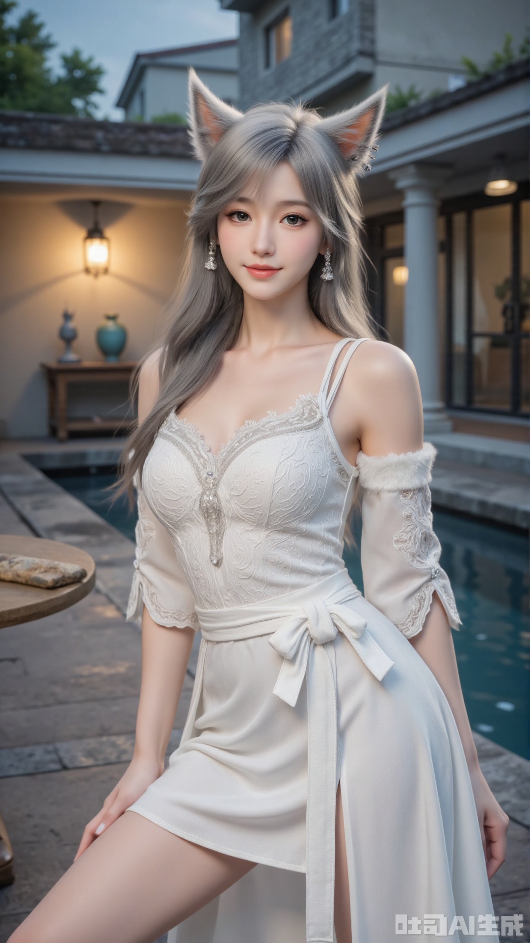 1girl, white wedding dress,looking at viewer, mischevious smile, perfect body, scenery, sharp focus, best quality, masterpiece, detailed outfit, illustration, perfect eyes, finely detailed beautiful anime eyes, realistic skin, intricate details, best lighting, depth of field, ultra high resolution, cowboy_shot, bride