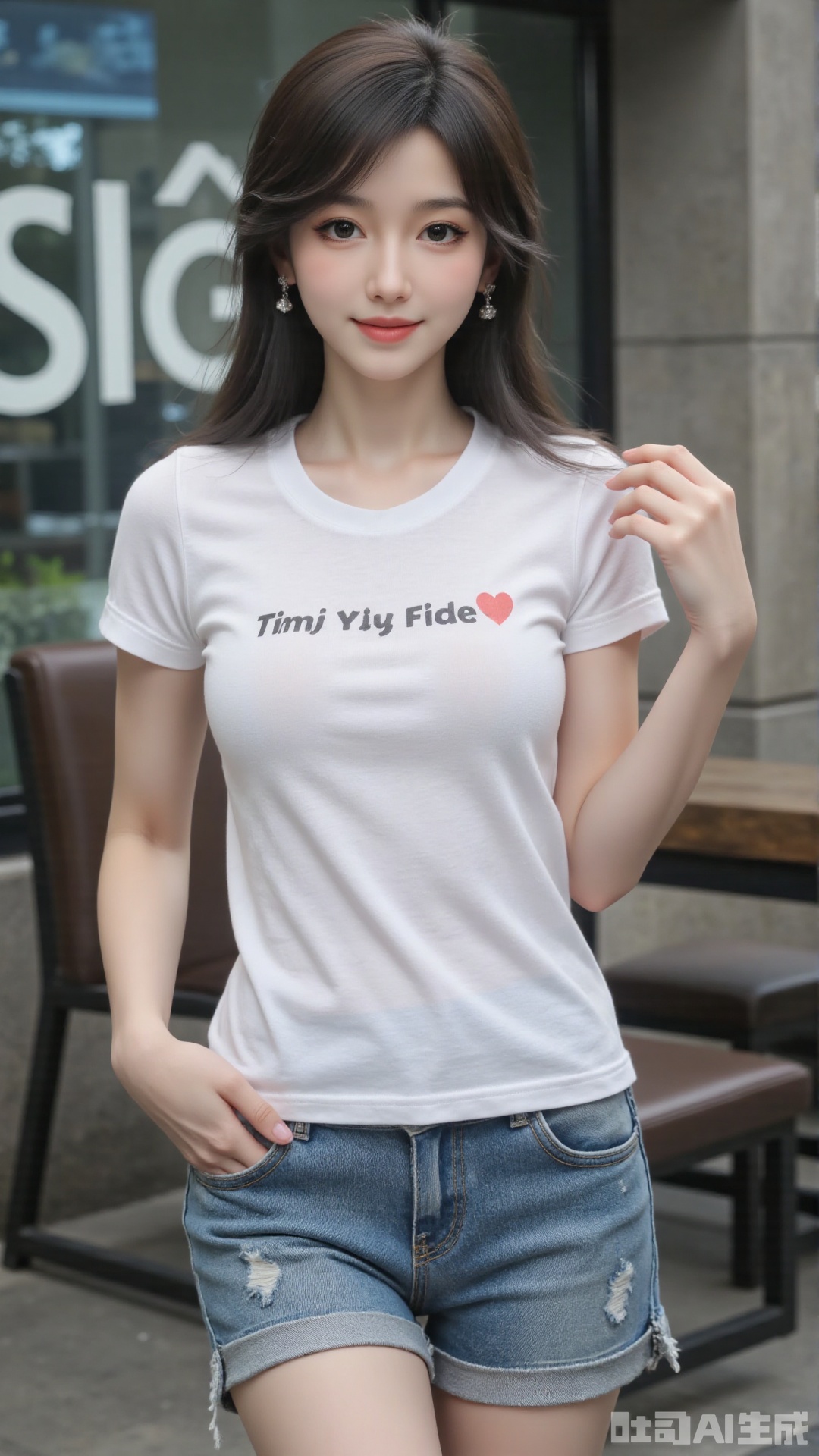 White t-shirt with ”Tim_Yi“ written on it, jeans shorts,1girl