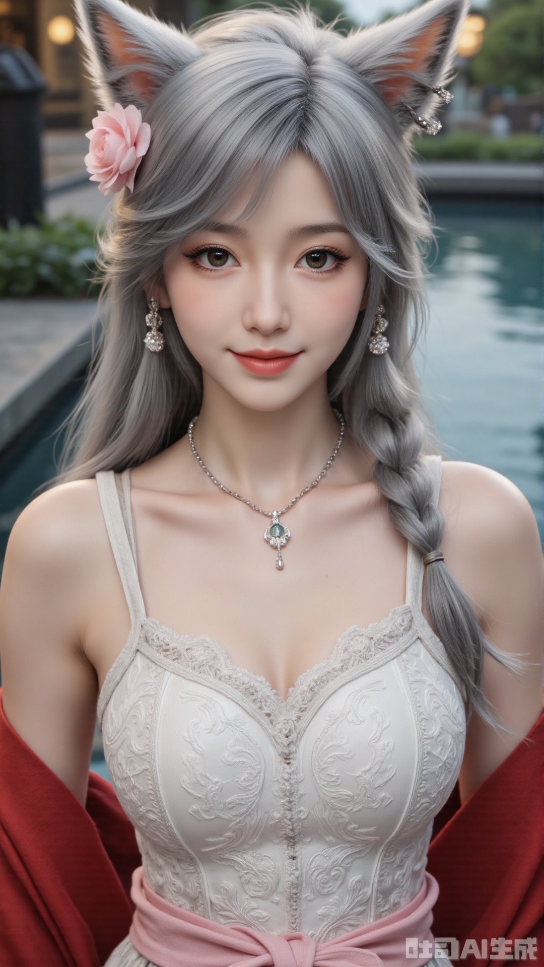 1girl,solo,jewelry,flower,hair flower,hair ornament,necklace,realistic,brown eyes,looking at viewer,dress,blurry background,twin braids,blurry,white dress,long hair,upper body,breasts,pink bow,red jacket,bare shoulders,lips,collarbone,outdoors,cleavage,large natural breast,soft breasts,huge Breasts