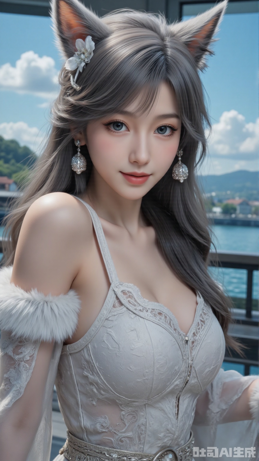 Very detailed face, extremely detailed eyes and face, blue eyes, (vacuum), 8K wallpaper, light leak, beautiful and detailed girl, extremely detailed CGUnity8K wallpaper, an extremely detailed and beautiful, beautiful and detailed eyes, masterpiece, best quality, Real photo level, (frontal shooting panoramic perspective), ( (Full body photo)), dynamic angle, dynamic pose, solo, ancient style silver hairpin with petals, blue sky and white clouds, (C cup), (huge round breasts), slender legs, super good figure, stunning beauty, (whole body in the mirror) , (wearing Lolita nightgown), (light reflects the shadow of the body through the clothes),vacuum,bare and smooth