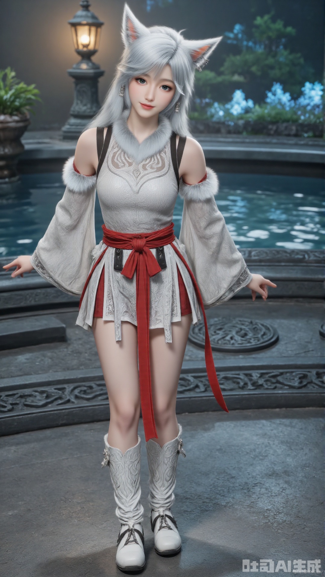 1girl, white hair, solo, animal_ears, long hair, perfect body, scenery, sharp focus, best quality, masterpiece, detailed outfit, illustration, perfect eyes, finely detailed beautiful anime eyes, realistic skin, intricate details, best lighting, depth of field, ultra high resolution,cowboy_shot