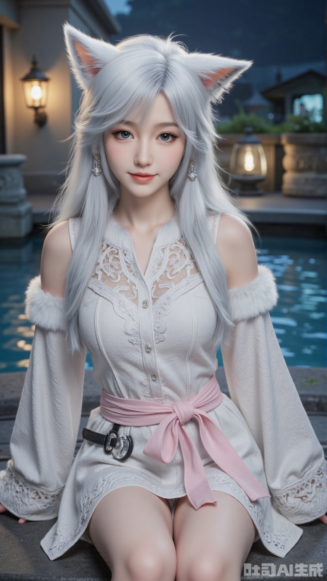 1girl, white hair, solo, animal_ears, long hair, perfect body, scenery, sharp focus, best quality, masterpiece, detailed outfit, illustration, perfect eyes, finely detailed beautiful anime eyes, realistic skin, intricate details, best lighting, depth of field, ultra high resolution,sitting
