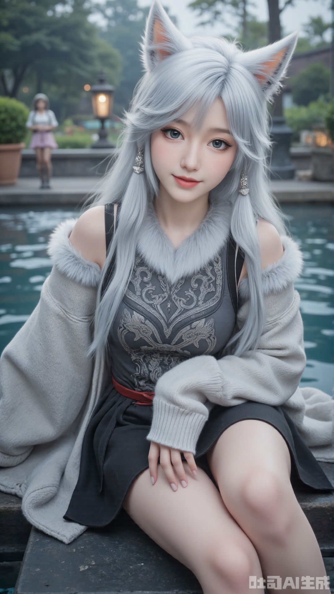 1girl, white hair, solo, animal_ears, long hair, perfect body, scenery, sharp focus, best quality, masterpiece, detailed outfit, illustration, perfect eyes, finely detailed beautiful anime eyes, realistic skin, intricate details, best lighting, depth of field, ultra high resolution,sitting