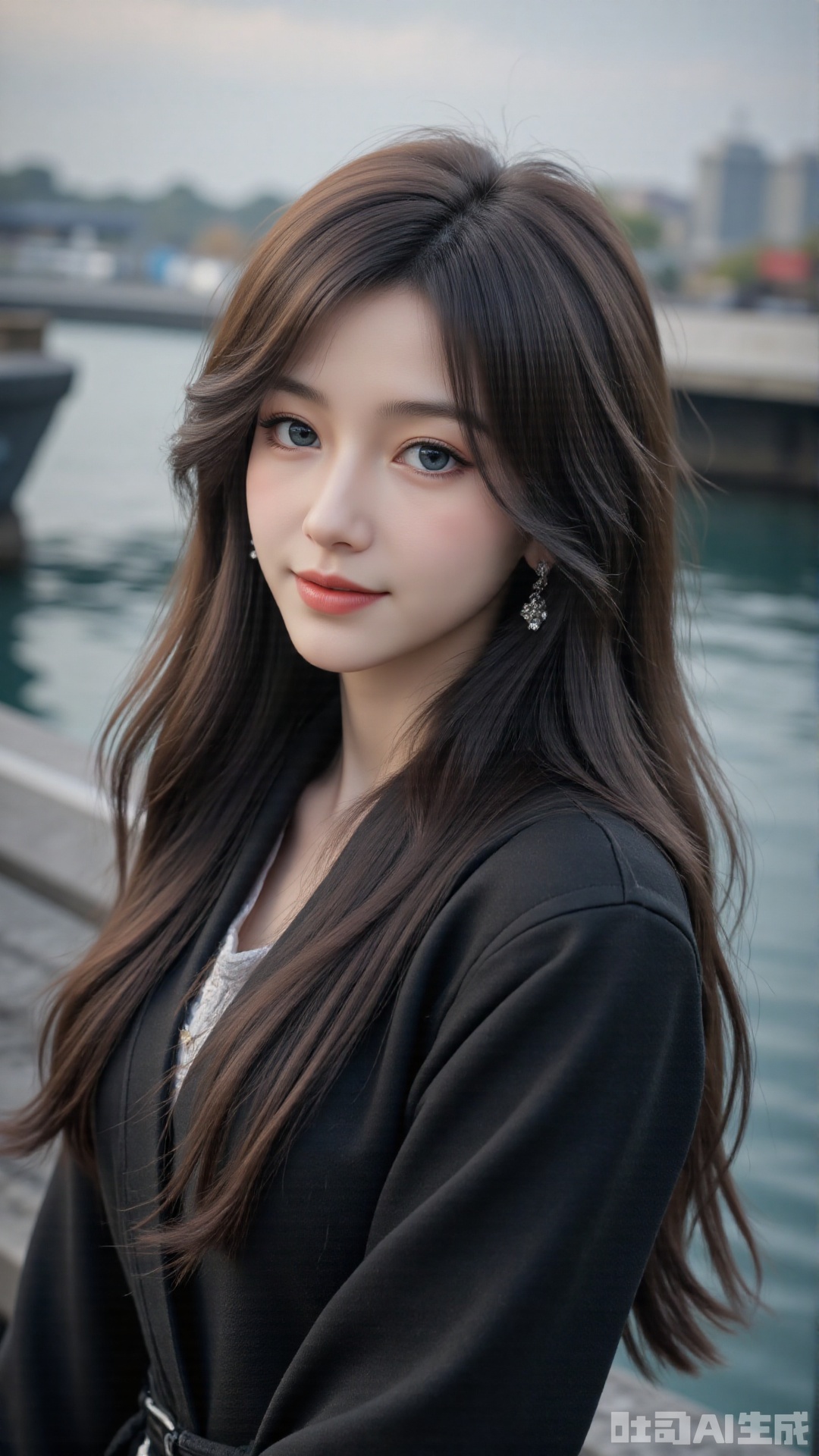  a asian woman, sexy long hair, blue eyes, charming and seductive temperament, distant close-up, golden ratio, movie texture, minimalism, high-end feeling, strong contrast between cold and warm, outdoor scenes, 