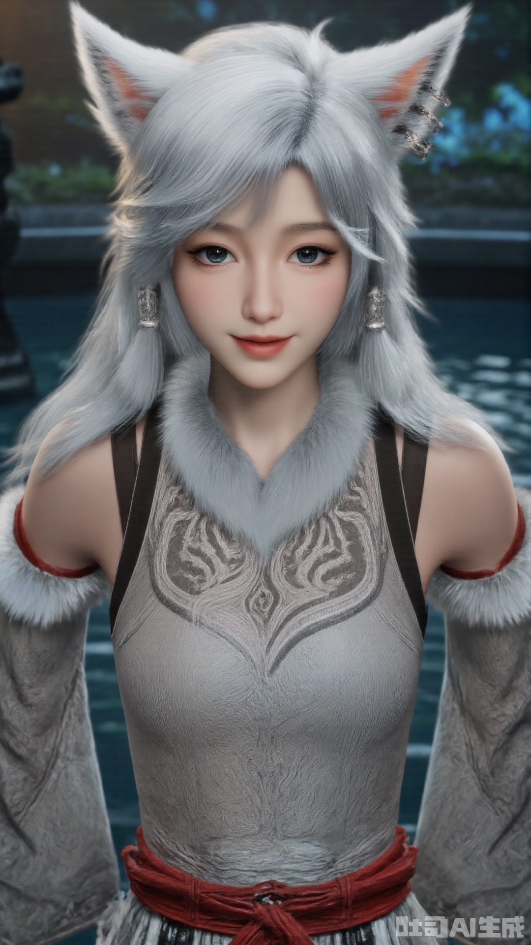 1girl, white hair, solo, animal_ears, long hair, perfect body, scenery, sharp focus, best quality, masterpiece, detailed outfit, illustration, perfect eyes, finely detailed beautiful anime eyes, realistic skin, intricate details, best lighting, depth of field, ultra high resolution,sitting