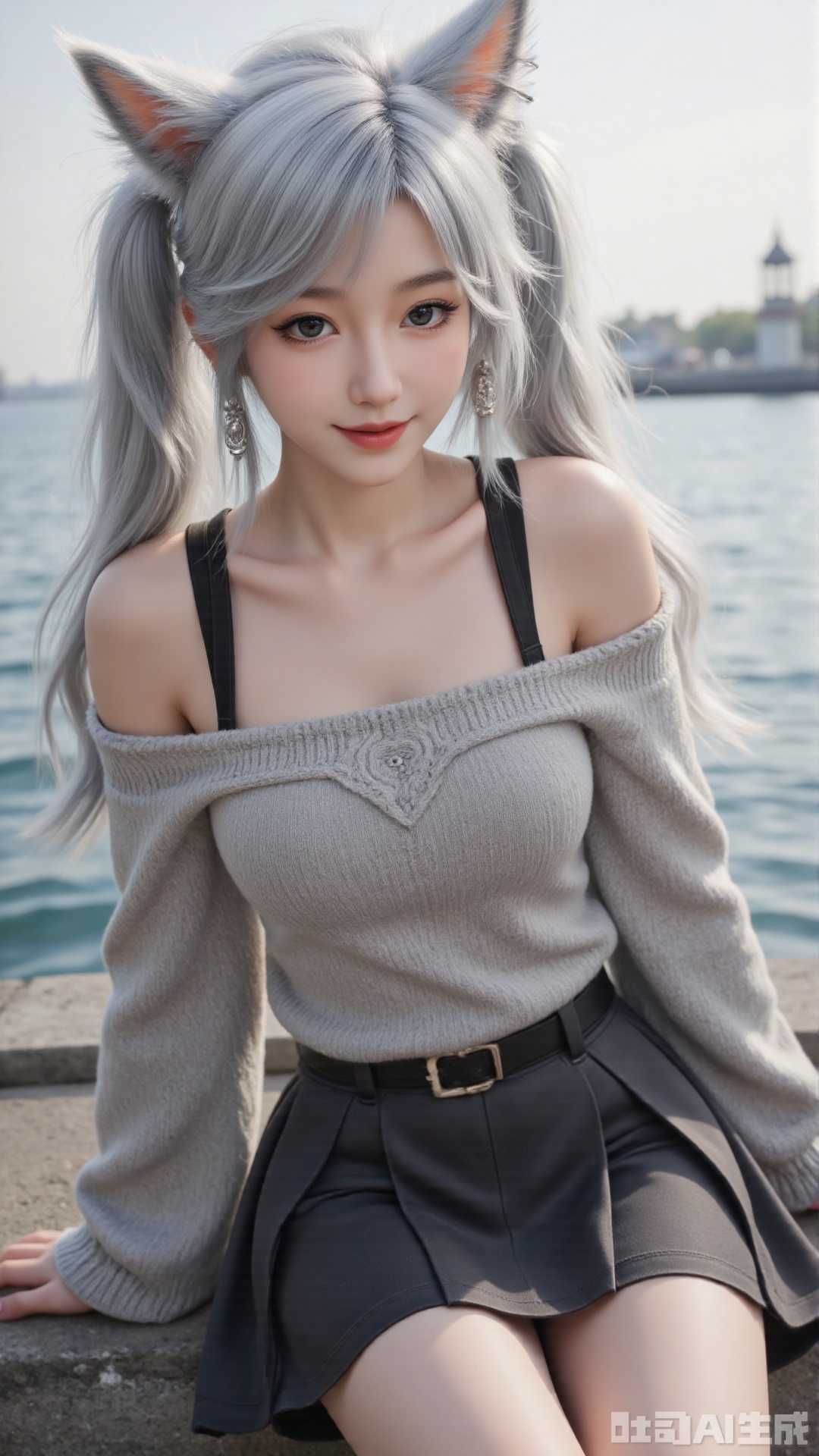 1girl, solo, long hair, looking at viewer, smile, sitting, collarbone, off shoulder, sweater, messy hair, realistic