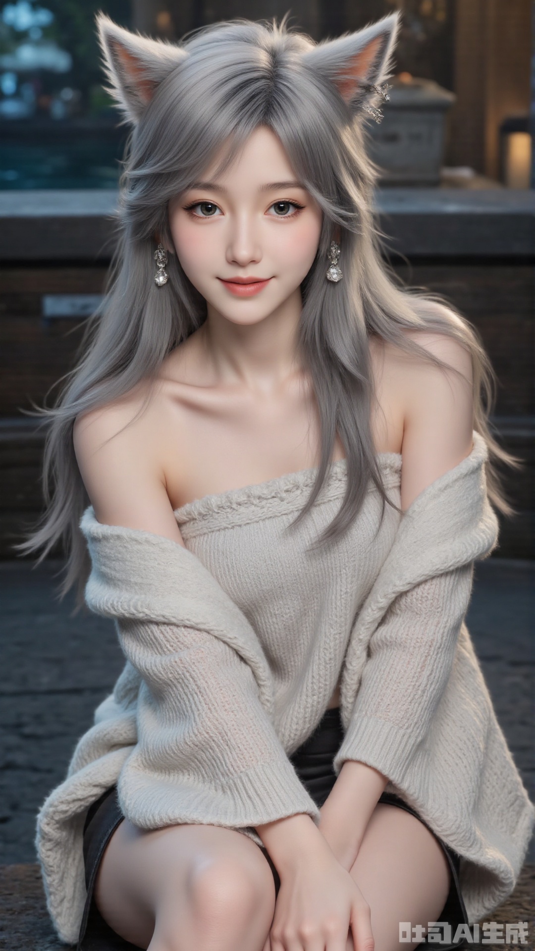 1girl, solo, long hair, looking at viewer, smile, sitting, collarbone, off shoulder, sweater, messy hair, realistic