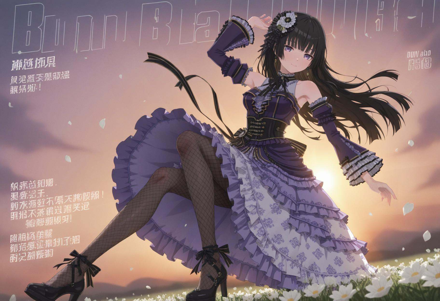 portrait,Cirrocumulus,Cirrostratus,sky,wind,petals,white flowers,magazine cover,backlighting,text,masterpiece,best quality,amazing quality,very awa,newest,very aesthetic,looking_at_viewer,seductive_smile,dynamic_angle,armpits,stretch,detailed eyes,detailed hands,detailed feet,detailed face,<lora:白金燐子Rinko Shirokane:1>,Rinko Shirokane,black hair,long hair,purple eyes,hime cut,blunt bangs,diyitao,diyi black high heels,white skirt,layered dress,diyi black ribbon,diyi black corset,diyi purple asymmetric dresses,diyi earrings,diyi fishnet pantyhose,diyi frilled sleeves,frills,diyi hair flower,diyi hair ornament,diyi long sleeves,diyi puffy sleeves,diyi purple dress,diyi black back ribbon,diyi waist bow,diyi colorful dresses,