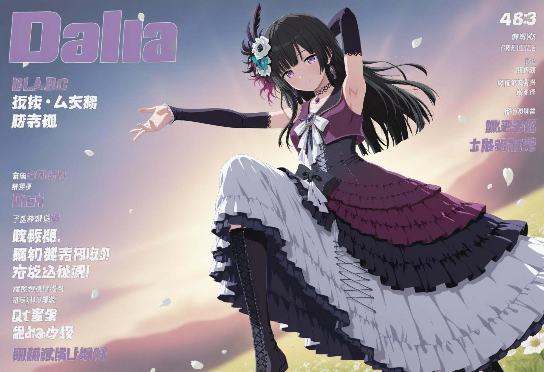 Cirrocumulus,Cirrostratus,sky,wind,petals,white flowers,magazine cover,backlighting,text,masterpiece,best quality,amazing quality,very awa,newest,very aesthetic,looking_at_viewer,seductive_smile,dynamic_angle,armpits,stretch,detailed eyes,detailed hands,detailed feet,detailed face,<lora:白金燐子Rinko Shirokane:1>,Rinko Shirokane,black hair,long hair,purple eyes,blunt bangs,disitao,disi purple and white dress,disi black feather and flower hair ornament,disi black cross-laced footwear,disi blue hair flower,disi black waist bow,disi white chest bow,disi purple brooch,disi black choker,disi detached sleeves,disi layered dress,disi earrings,disi hair ornament,disi white dress,disi asymmetrical sleeveless jacket,disi sleeveless jacket in purple and black,disi lace-trimmed cuffs,