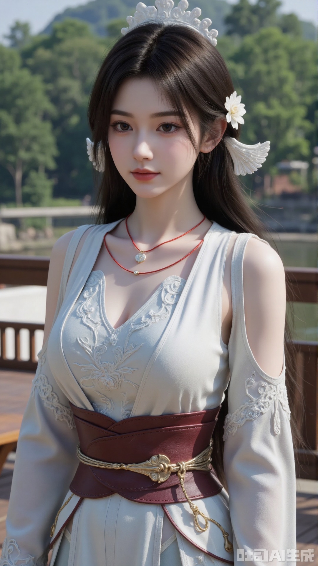 1girl, long hair, solo, dress, hair ornament, black hair, chinese clothes, mischevious smile, perfect body, scenery, sharp focus, best quality, masterpiece, detailed outfit, illustration, perfect eyes, finely detailed beautiful anime eyes, realistic skin, intricate details, best lighting, depth of field, ultra high resolution, cowboy_shot