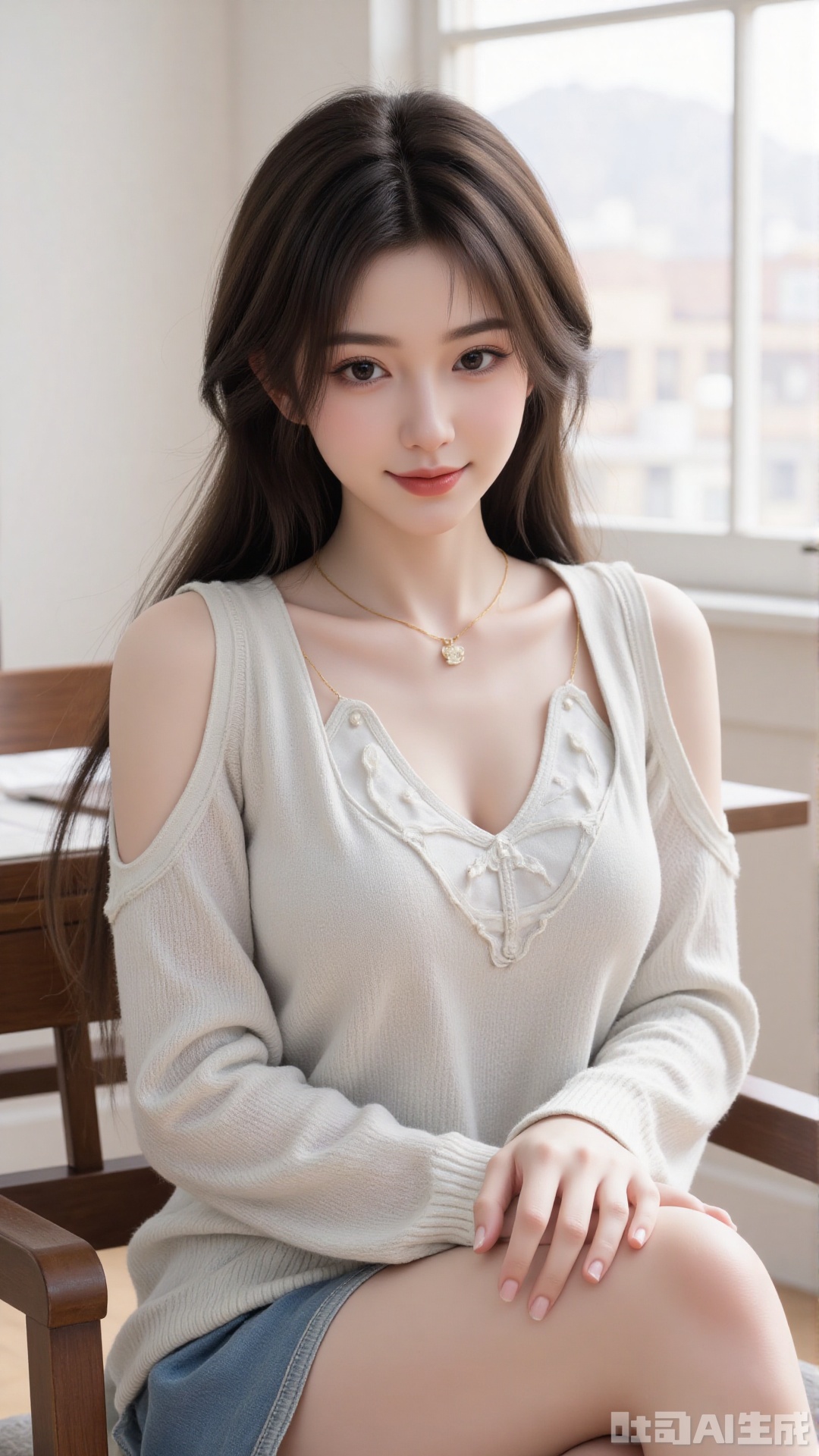 1girl, solo, long hair, looking at viewer, smile, sitting, collarbone, off shoulder, sweater, messy hair, realistic