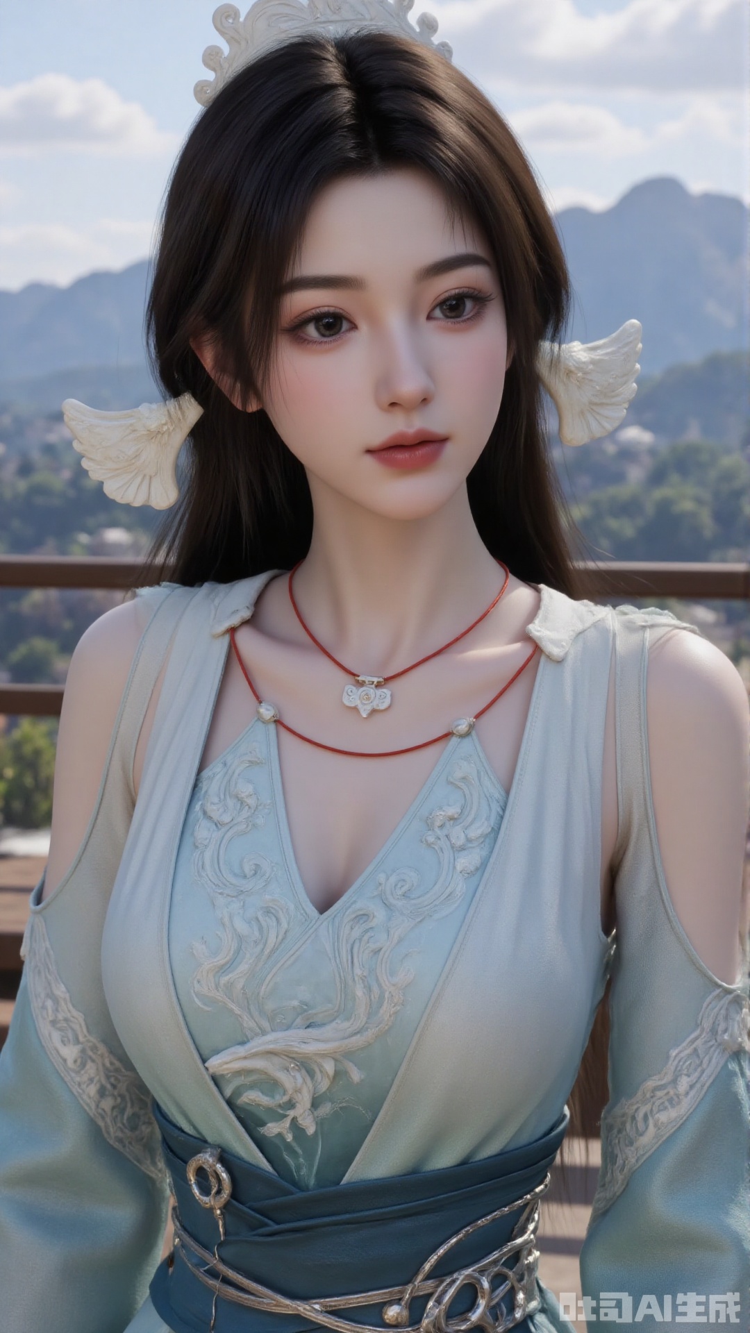 1girl, long hair, solo, dress, hair ornament, black hair, chinese clothes, mischevious smile, perfect body, scenery, sharp focus, best quality, masterpiece, detailed outfit, illustration, perfect eyes, finely detailed beautiful anime eyes, realistic skin, intricate details, best lighting, depth of field, ultra high resolution, cowboy_shot
