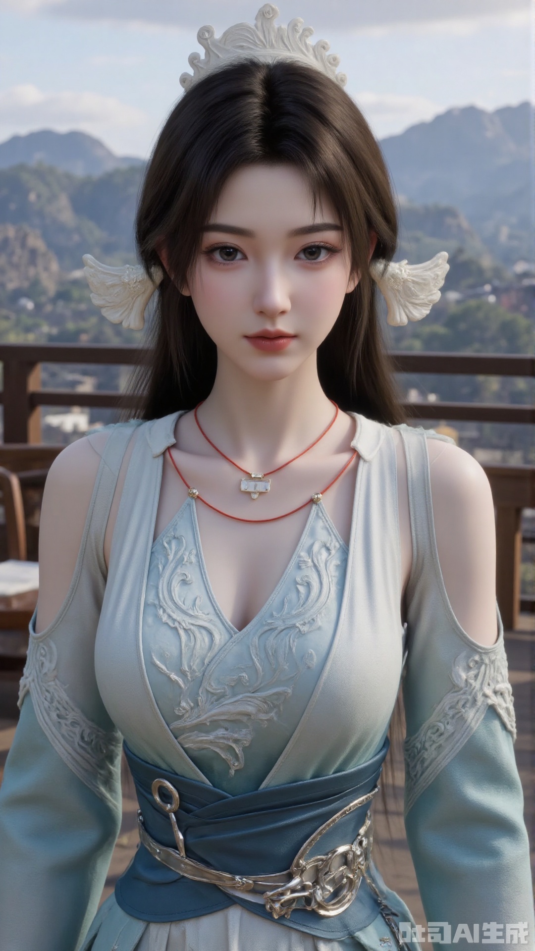 1girl, long hair, solo, dress, hair ornament, black hair, chinese clothes, mischevious smile, perfect body, scenery, sharp focus, best quality, masterpiece, detailed outfit, illustration, perfect eyes, finely detailed beautiful anime eyes, realistic skin, intricate details, best lighting, depth of field, ultra high resolution, sitting
