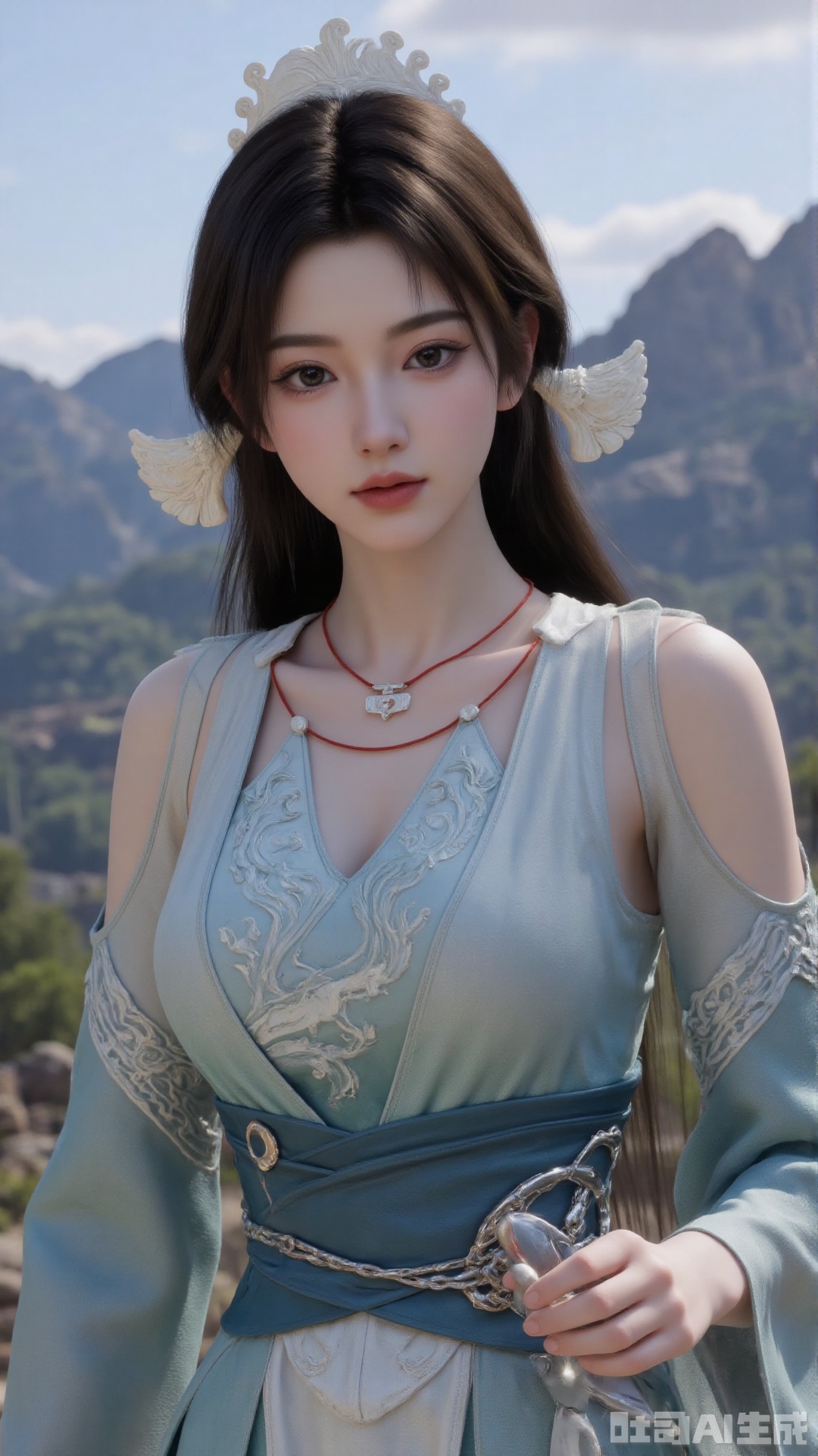1girl, long hair, solo, dress, hair ornament, black hair, chinese clothes, mischevious smile, perfect body, scenery, sharp focus, best quality, masterpiece, detailed outfit, illustration, perfect eyes, finely detailed beautiful anime eyes, realistic skin, intricate details, best lighting, depth of field, ultra high resolution, cowboy_shot