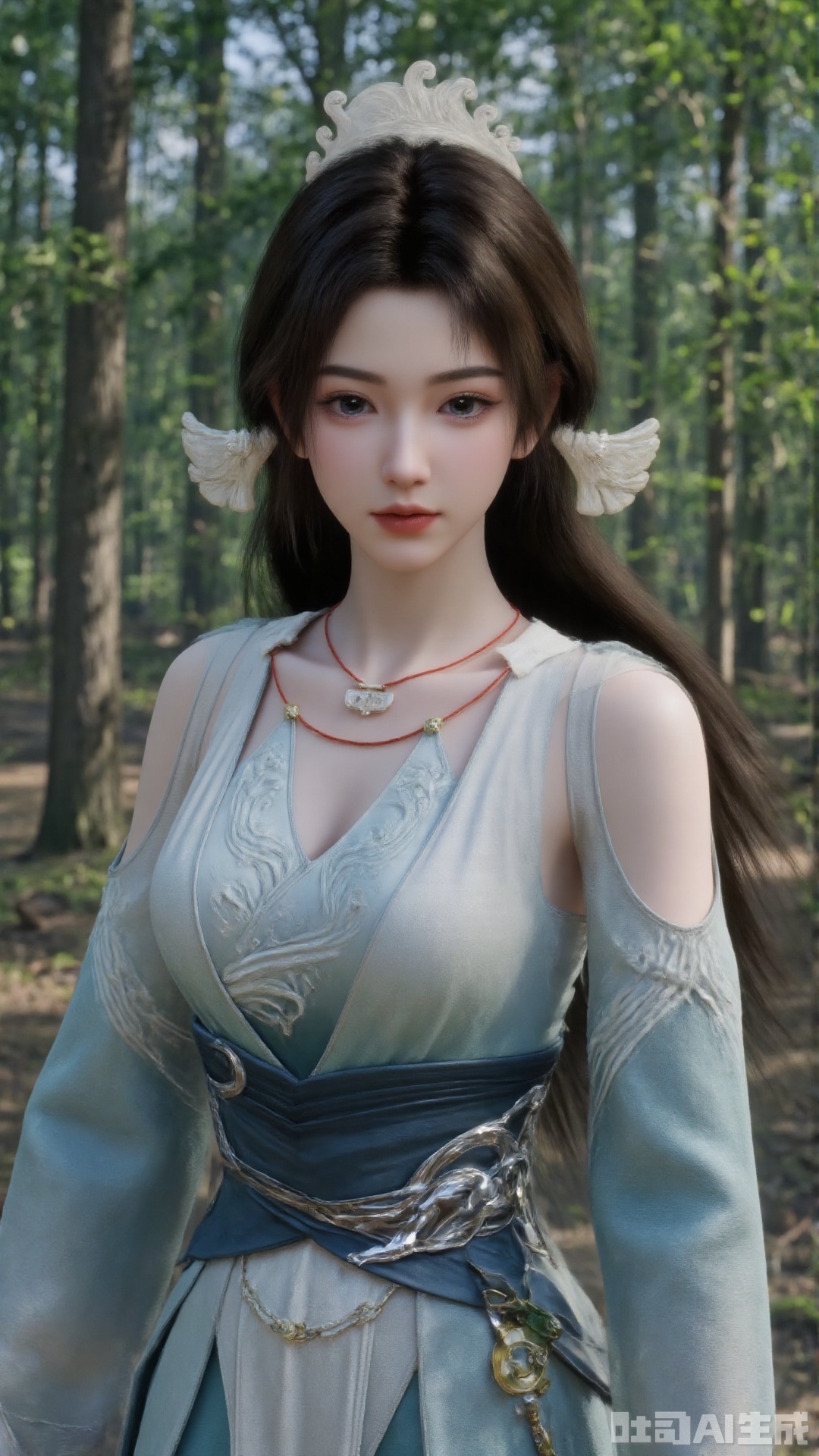 1girl, long hair, solo, dress, hair ornament, black hair, chinese clothes, mischevious smile, perfect body, scenery, sharp focus, best quality, masterpiece, detailed outfit, illustration, perfect eyes, finely detailed beautiful anime eyes, realistic skin, intricate details, best lighting, depth of field, ultra high resolution, cowboy_shot