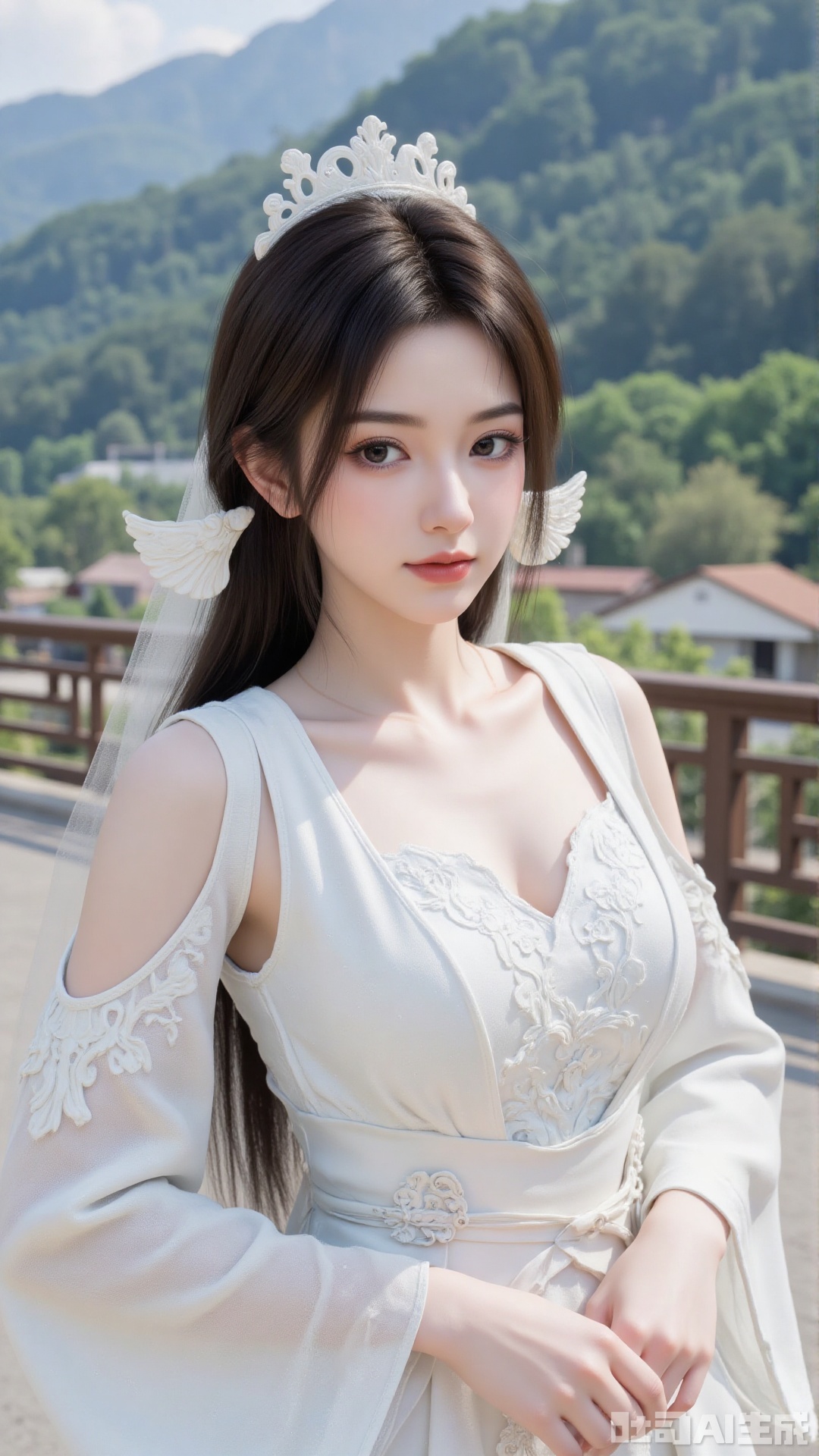 1girl, white wedding dress,looking at viewer, mischevious smile, perfect body, scenery, sharp focus, best quality, masterpiece, detailed outfit, illustration, perfect eyes, finely detailed beautiful anime eyes, realistic skin, intricate details, best lighting, depth of field, ultra high resolution, cowboy_shot, bride