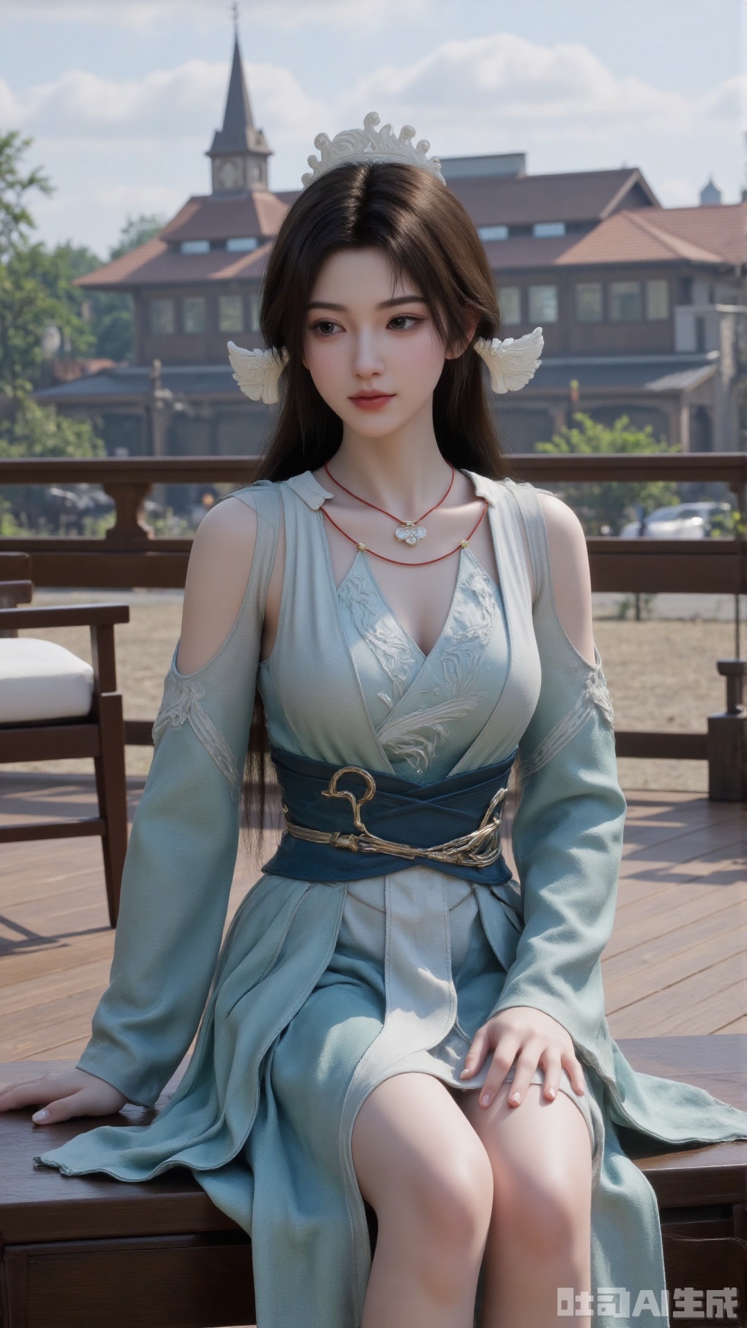 1girl, long hair, solo, dress, hair ornament, black hair, chinese clothes, mischevious smile, perfect body, scenery, sharp focus, best quality, masterpiece, detailed outfit, illustration, perfect eyes, finely detailed beautiful anime eyes, realistic skin, intricate details, best lighting, depth of field, ultra high resolution, sitting