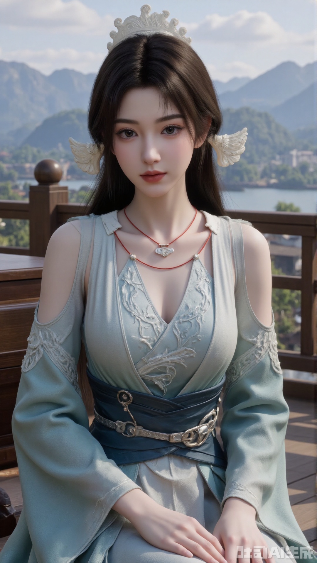 1girl, long hair, solo, dress, hair ornament, black hair, chinese clothes, mischevious smile, perfect body, scenery, sharp focus, best quality, masterpiece, detailed outfit, illustration, perfect eyes, finely detailed beautiful anime eyes, realistic skin, intricate details, best lighting, depth of field, ultra high resolution, sitting
