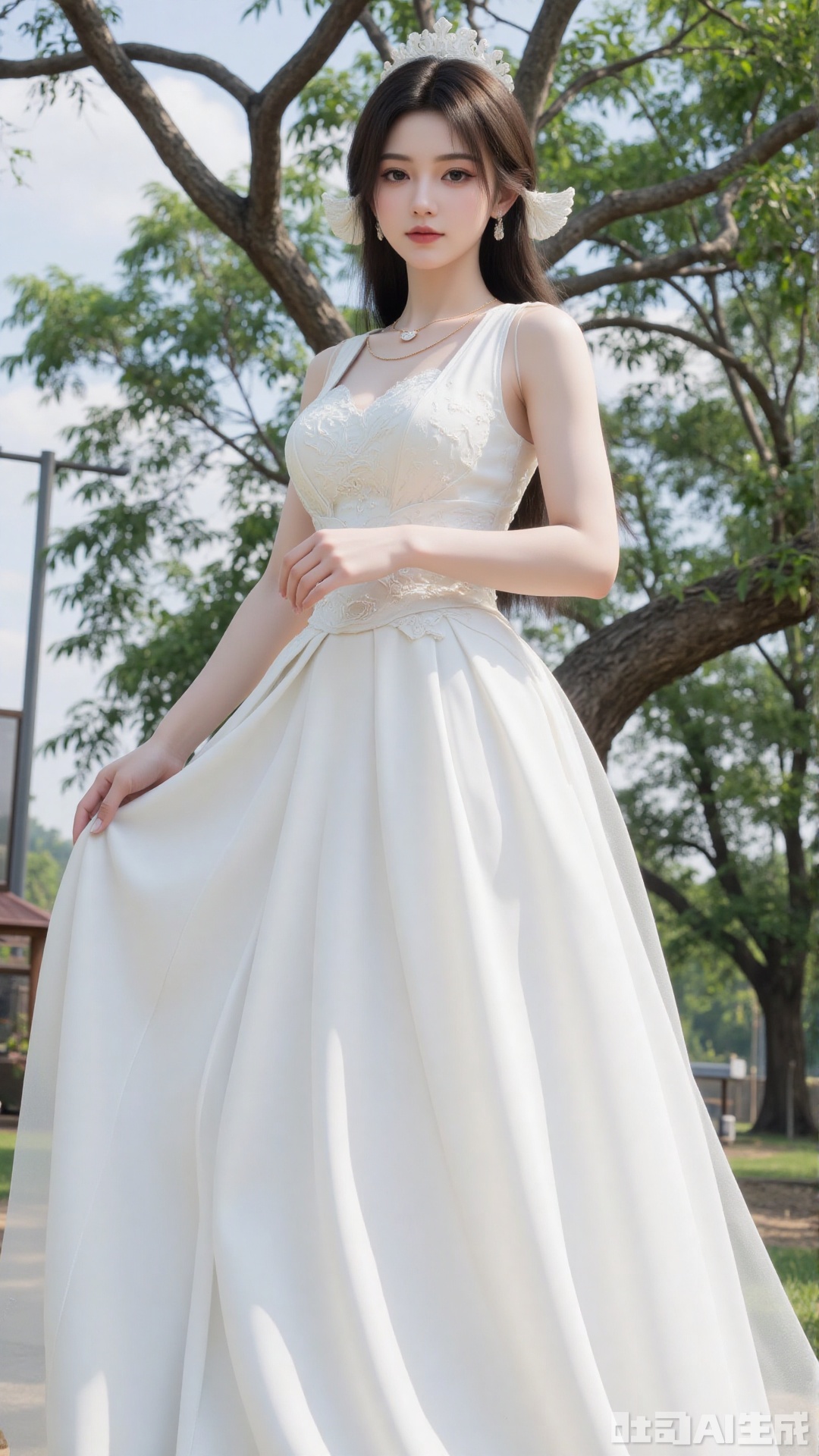 1girl, white wedding dress,looking at viewer, mischevious smile, perfect body, scenery, sharp focus, best quality, masterpiece, detailed outfit, illustration, perfect eyes, finely detailed beautiful anime eyes, realistic skin, intricate details, best lighting, depth of field, ultra high resolution, cowboy_shot, bride