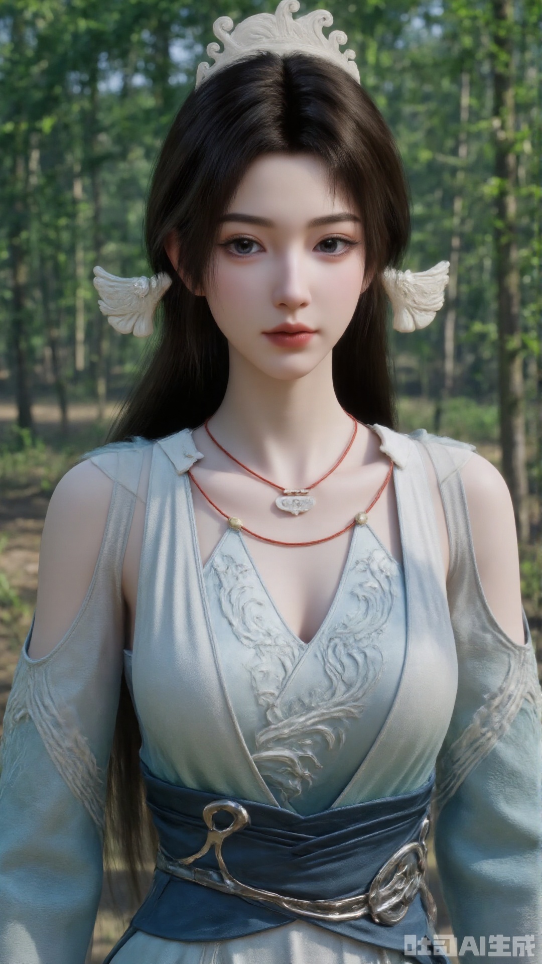 1girl, long hair, solo, dress, hair ornament, black hair, chinese clothes, mischevious smile, perfect body, scenery, sharp focus, best quality, masterpiece, detailed outfit, illustration, perfect eyes, finely detailed beautiful anime eyes, realistic skin, intricate details, best lighting, depth of field, ultra high resolution, cowboy_shot