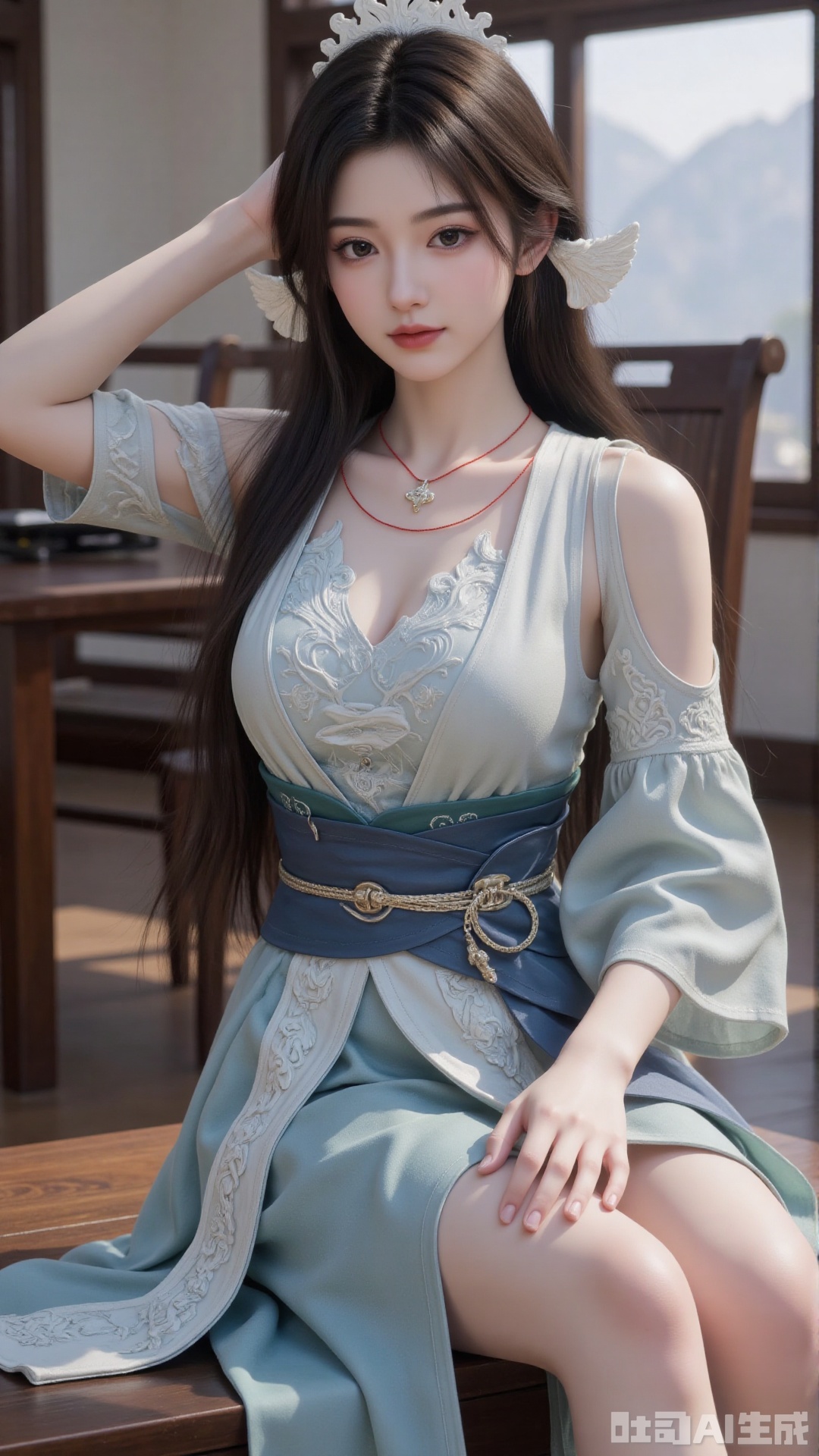 1girl, long hair, solo, dress, hair ornament, black hair, chinese clothes, mischevious smile, perfect body, scenery, sharp focus, best quality, masterpiece, detailed outfit, illustration, perfect eyes, finely detailed beautiful anime eyes, realistic skin, intricate details, best lighting, depth of field, ultra high resolution, sitting
