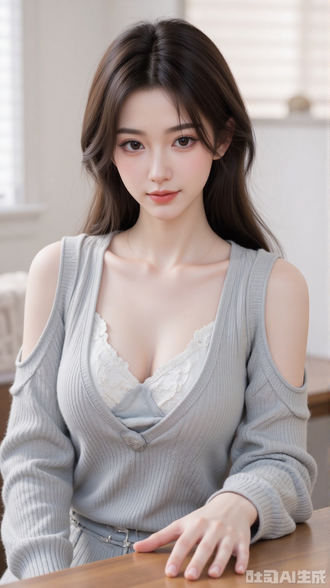 1girl, solo, long hair, looking at viewer, smile, sitting, collarbone, off shoulder, sweater, messy hair, realistic