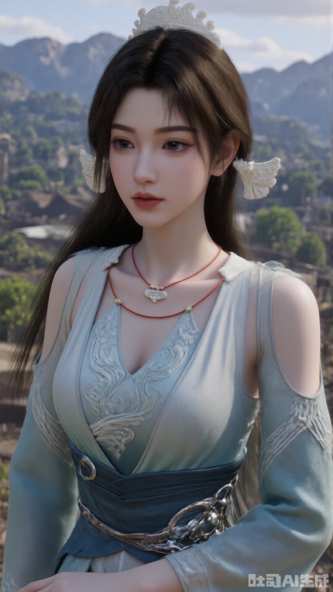 1girl, long hair, solo, dress, hair ornament, black hair, chinese clothes, mischevious smile, perfect body, scenery, sharp focus, best quality, masterpiece, detailed outfit, illustration, perfect eyes, finely detailed beautiful anime eyes, realistic skin, intricate details, best lighting, depth of field, ultra high resolution, cowboy_shot