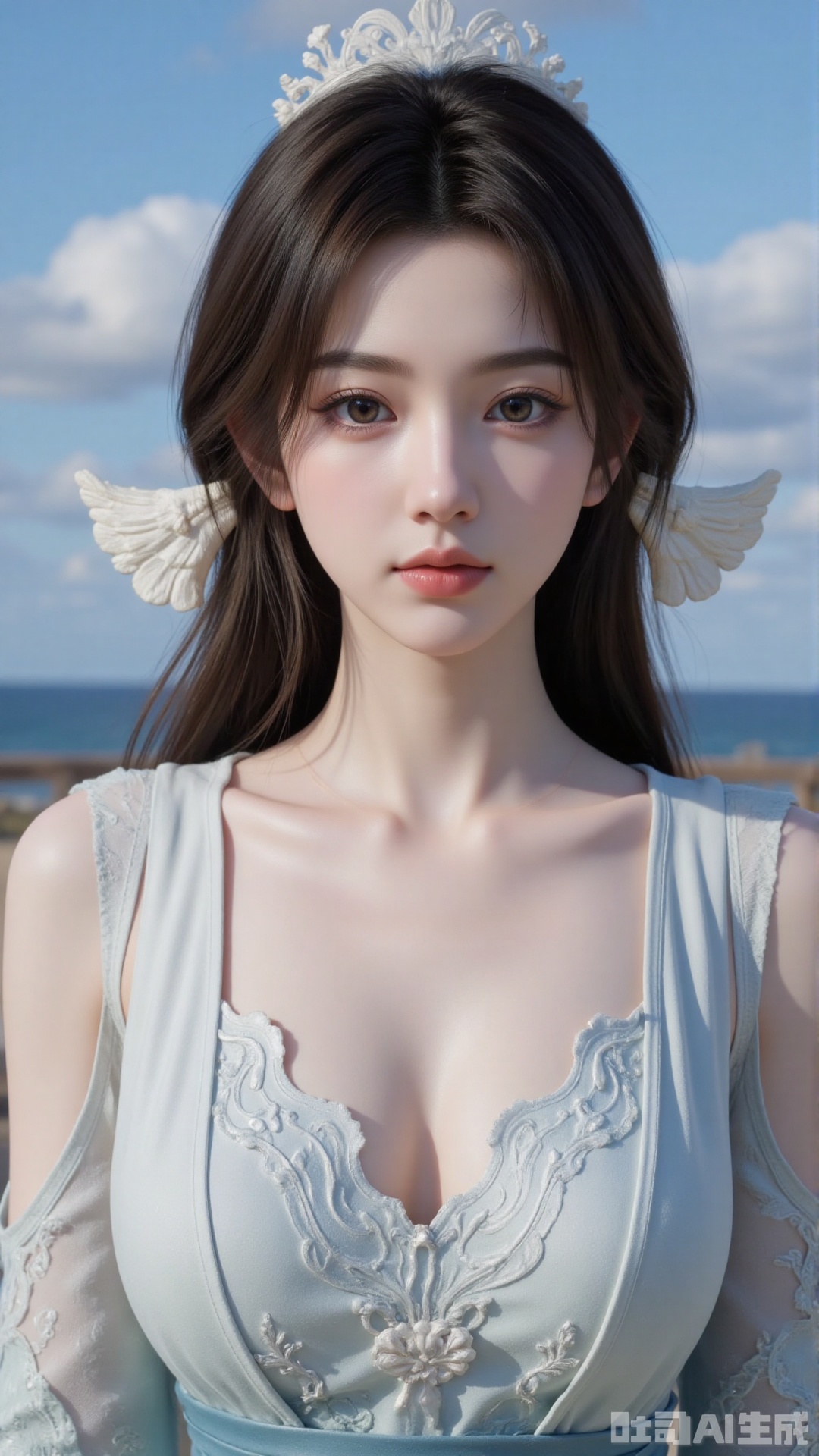 Very detailed face, extremely detailed eyes and face, blue eyes, (vacuum), 8K wallpaper, light leak, beautiful and detailed girl, extremely detailed CGUnity8K wallpaper, an extremely detailed and beautiful, beautiful and detailed eyes, masterpiece, best quality, Real photo level, (frontal shooting panoramic perspective), ( (Full body photo)), dynamic angle, dynamic pose, solo, ancient style silver hairpin with petals, blue sky and white clouds, (C cup), (huge round breasts), slender legs, super good figure, stunning beauty, (whole body in the mirror) , (wearing Lolita nightgown), (light reflects the shadow of the body through the clothes),vacuum,bare and smooth
