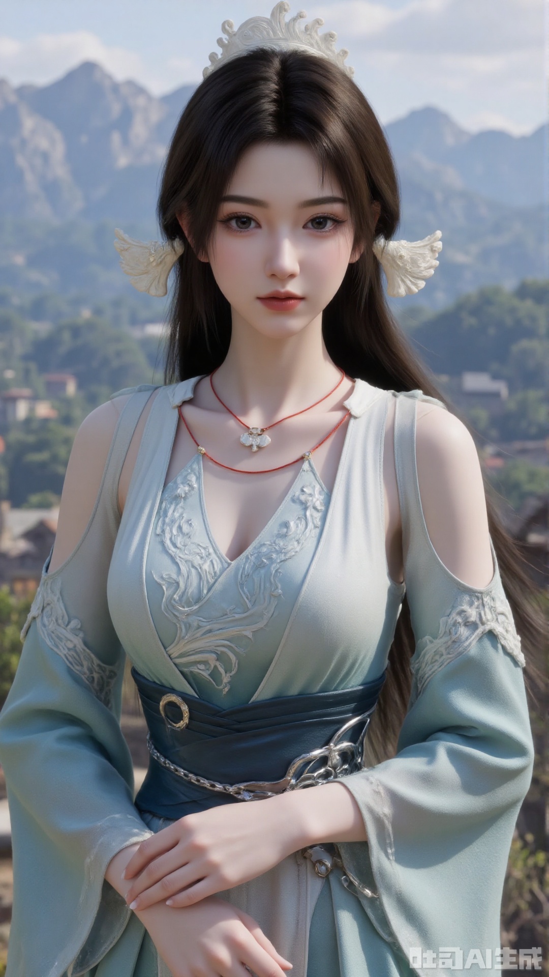 1girl, long hair, solo, dress, hair ornament, black hair, chinese clothes, mischevious smile, perfect body, scenery, sharp focus, best quality, masterpiece, detailed outfit, illustration, perfect eyes, finely detailed beautiful anime eyes, realistic skin, intricate details, best lighting, depth of field, ultra high resolution, cowboy_shot