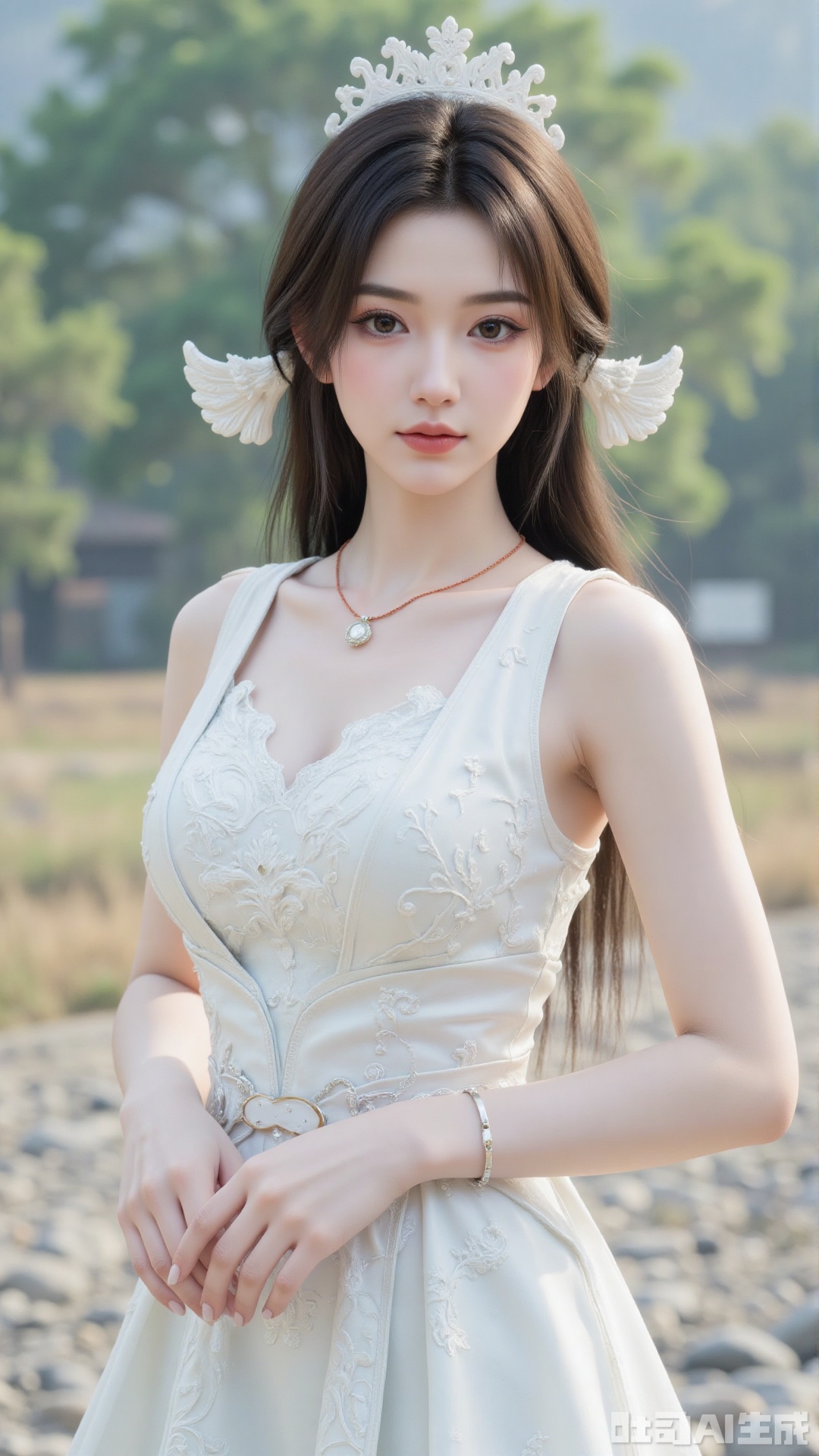 1girl, white wedding dress,looking at viewer, mischevious smile, perfect body, scenery, sharp focus, best quality, masterpiece, detailed outfit, illustration, perfect eyes, finely detailed beautiful anime eyes, realistic skin, intricate details, best lighting, depth of field, ultra high resolution, cowboy_shot, bride