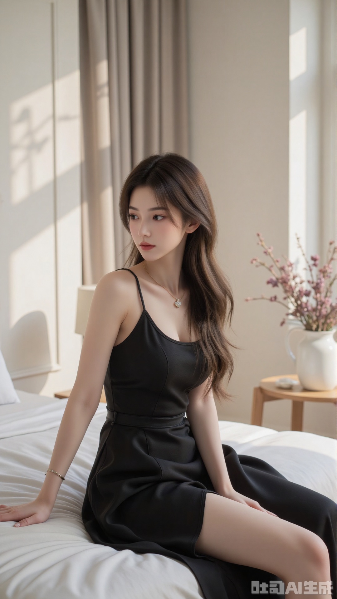 An elegant indoor advertising photograph showcasing a model with long, flowing hair and a graceful posture, wearing a simple yet elegant slip dress. Her pose is effortlessly chic and sophisticated, conveying timeless elegance. The setting is a minimalist bedroom with soft, diffused lighting and neutral colors. The overall mood is refined and timeless, emphasizing the classic beauty and versatility of the dress. High resolution, 8k, soft lighting, hyperrealistic, photorealistic, detailed textures, shallow depth of field, glamour photography, editorial photography, advertisement photography, trending on artstation.