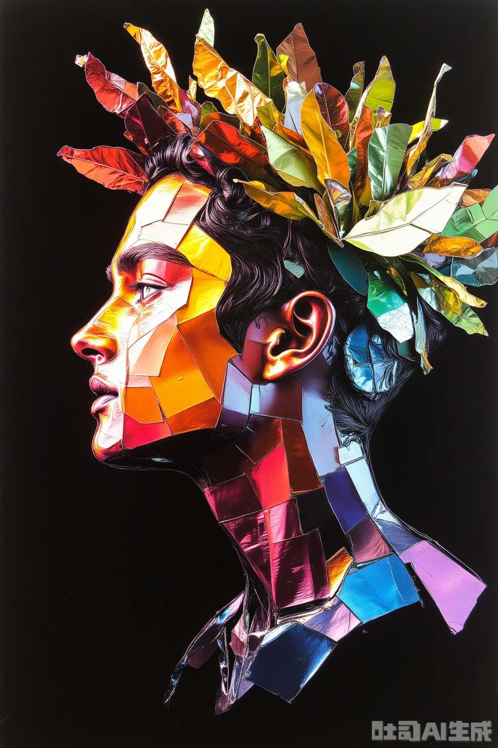 OBlvbo
The image is a vibrant

abstract portrait composed of various geometric shapes and colors. The background is a solid black

which contrasts sharply with the colorful

fragmented elements that make up the figure. The figure's head is depicted in a mosaic of vivid hues

including reds

yellows

blues

greens

and purples

creating a dynamic and visually striking effect. The face is stylized

with sharp lines and angular shapes that give it a modern

almost digital appearance. The hair is composed of similarly colorful

irregular shapes

adding to the overall abstract nature of the artwork. The figure's ear is visible

and the details are rendered with a mix of smooth and textured surfaces

enhancing the depth and dimensionality of the piece. The composition is both striking and harmonious

with the use of contrasting colors and shapes creating a captivating visual experience.

