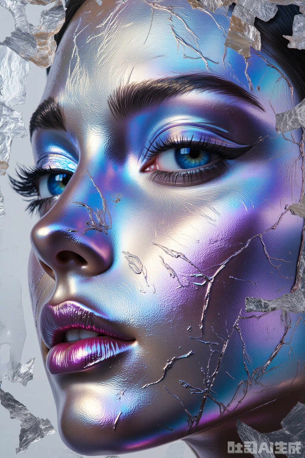 OBlvbo
The image depicts a close-up of a human face

with intricate and colorful makeup that appears to be metallic and iridescent. The makeup covers the skin

creating a shimmering effect that reflects various hues of blue

purple

and silver. The eyes are accentuated with long

dramatic eyelashes

and the lips are painted with a glossy

metallic finish. The background is abstract

with textured

fragmented elements that complement the vibrant and dynamic appearance of the face. The overall composition is striking and artistic

blending human features with a surreal

otherworldly aesthetic.


