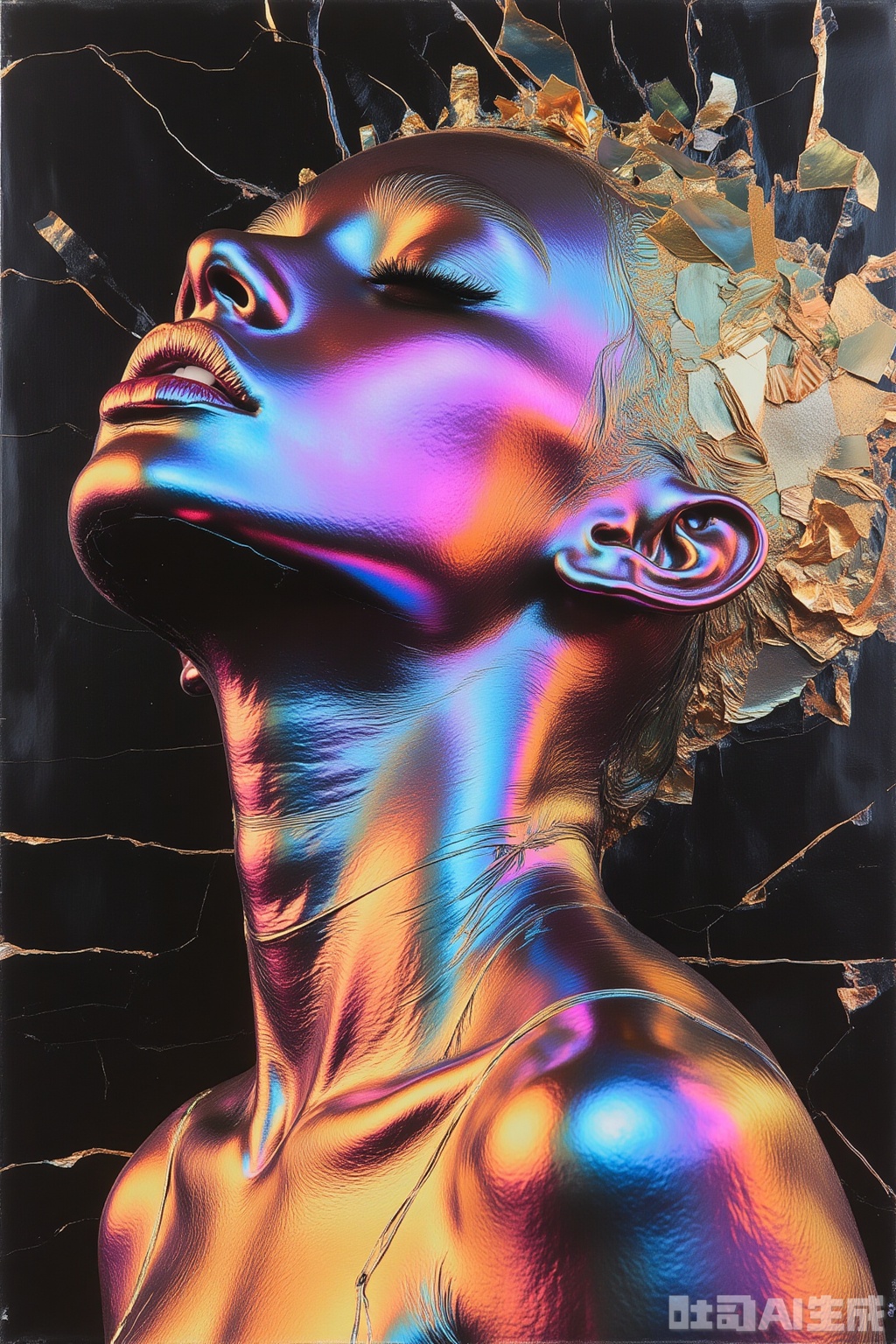 OBlvbo
The image depicts a striking and surreal portrait of a person with their head tilted upwards

eyes closed

and lips slightly parted. The individual's skin is rendered in a metallic

reflective finish

giving it a glossy and almost ethereal appearance. The background is dark

with abstract

fragmented shapes and lines that create a sense of movement and depth. The colors are vibrant and varied

with shades of blue

pink

and gold blending together

creating a dynamic and visually captivating effect. The overall composition is artistic and evocative

with a focus on the interplay of light and shadow.

