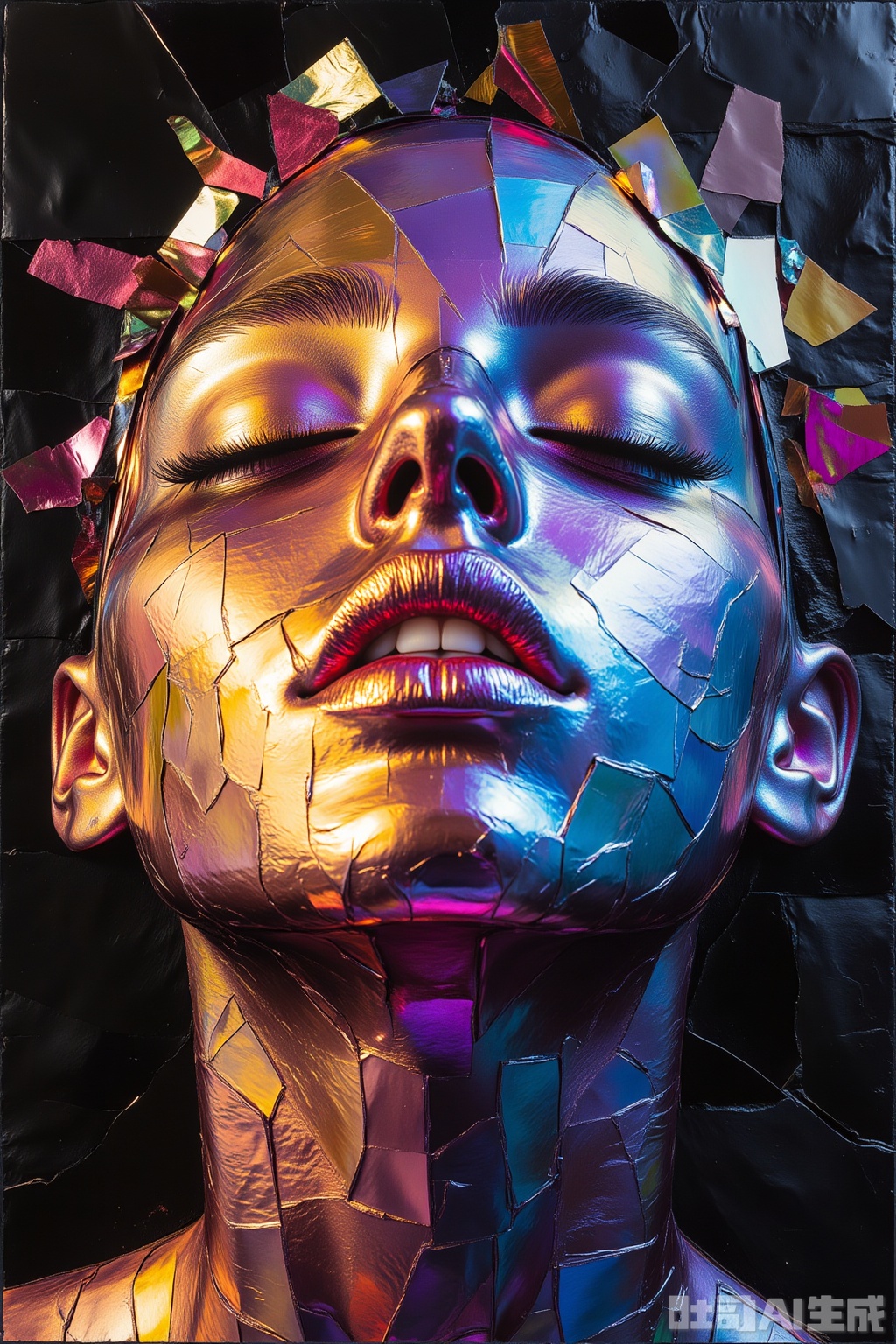 OBlvbo
The image depicts a highly stylized and abstract representation of a human face. The face is composed of fragmented

reflective surfaces that create a mosaic effect

giving it a fragmented and fragmented appearance. The colors are vibrant and varied

with shades of blue

purple

gold

and red prominently visible. The face is closed

with eyes gently closed and lips slightly parted

conveying a sense of calmness or serenity. The background is dark

which contrasts with the bright and colorful face

making it stand out more vividly. The overall composition is artistic and surreal

blending elements of human anatomy with abstract

geometric forms.

