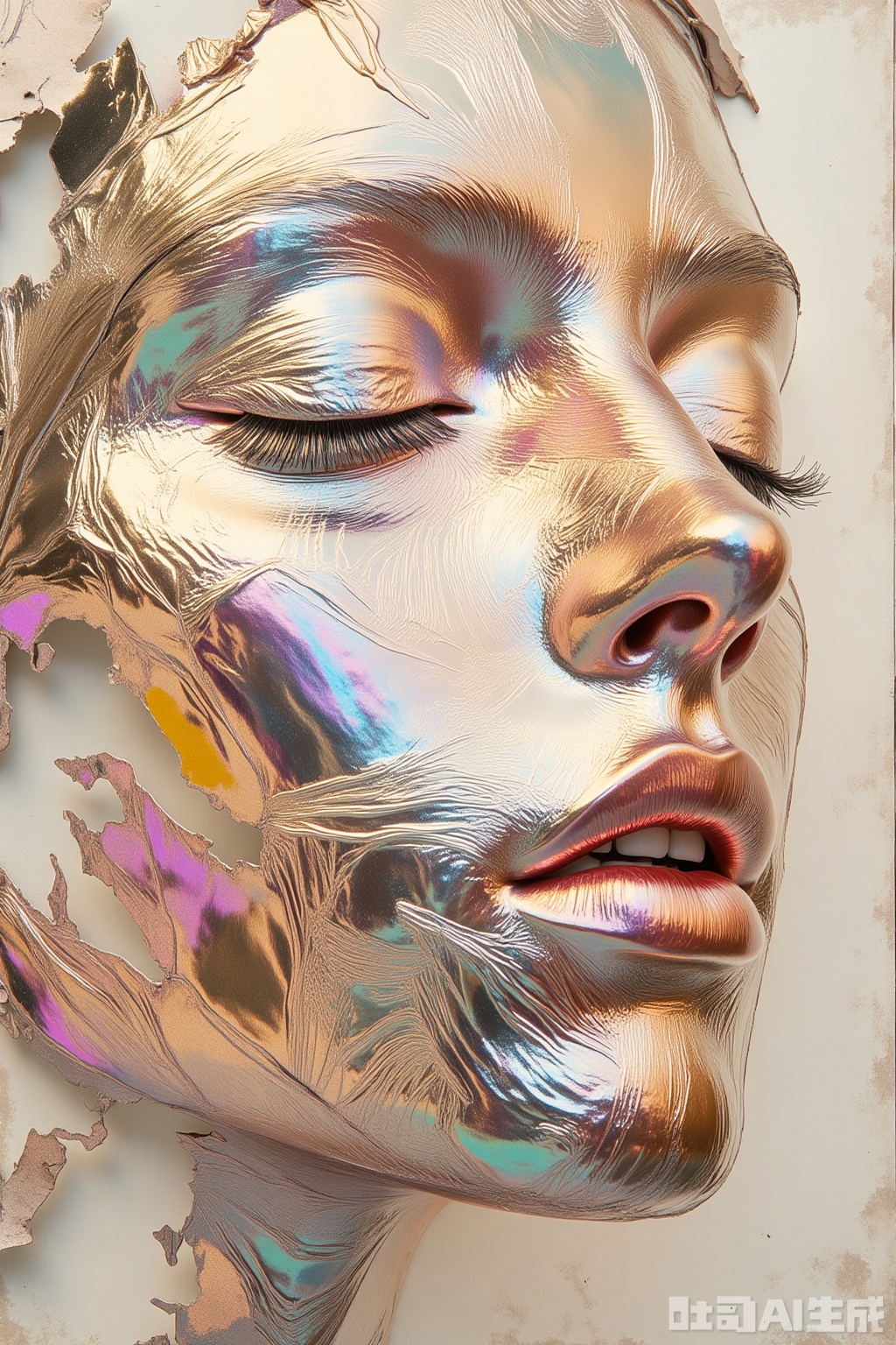 OBlvbo
The image depicts a close-up of a human face

which is intricately designed with a metallic

reflective surface. The face is adorned with a metallic sheen

giving it a futuristic and artistic appearance. The eyes are closed

and the facial features are delicately sculpted

creating a sense of depth and texture. The background is a blend of soft

neutral colors

which contrast with the vibrant

iridescent hues of the metallic face

enhancing its visual impact. The overall composition is striking and artistic

with a focus on the interplay of light and texture.

