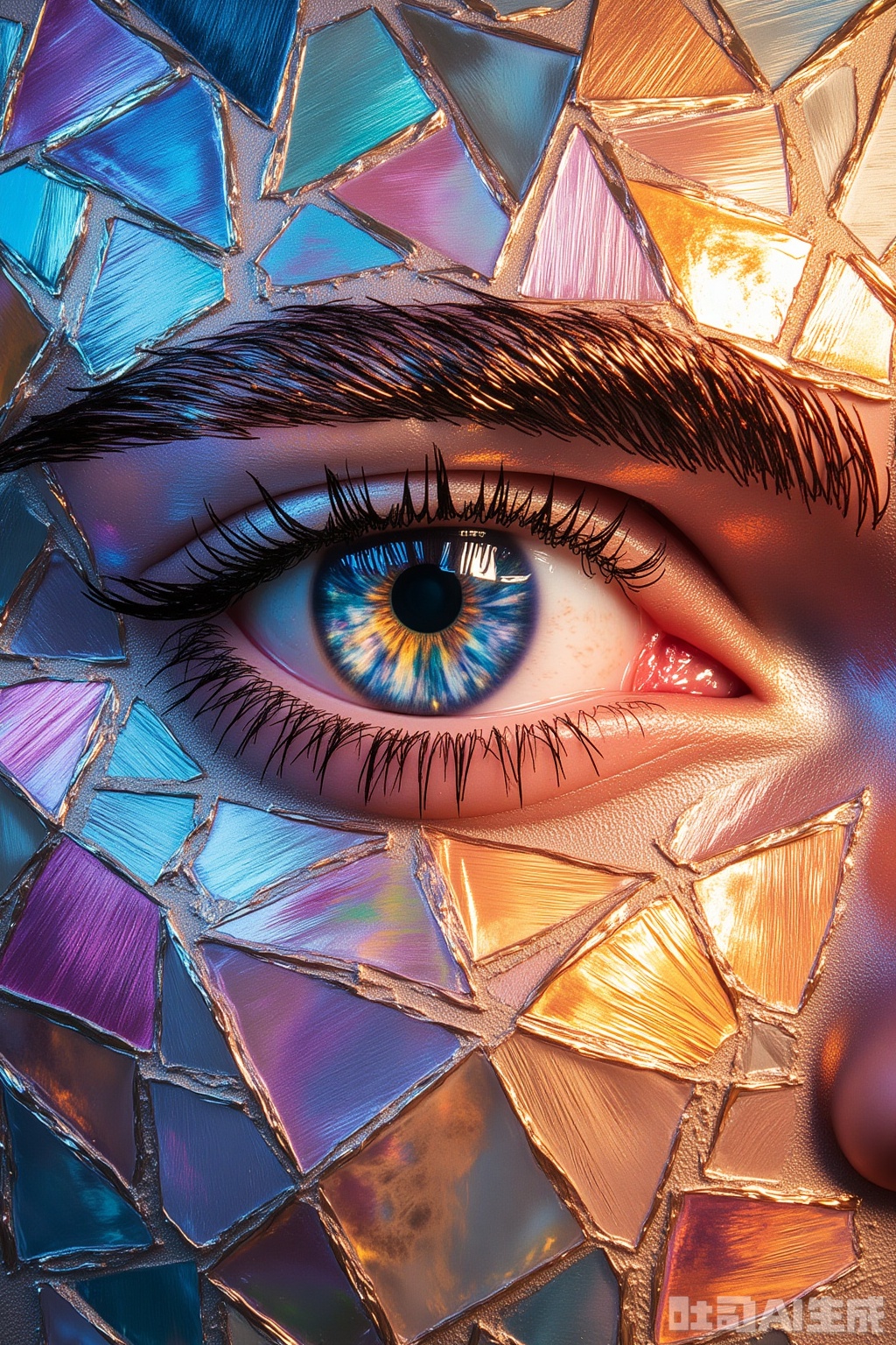 OBlvbo
The image depicts a highly stylized and abstract representation of an eye. The eye is surrounded by a mosaic of vibrant

multicolored geometric shapes that create a textured and dynamic effect. The colors range from blues and purples to oranges and golds

giving the impression of a kaleidoscope of light. The eye itself is detailed

with visible eyelashes and a reflective iris that captures the light in a mesmerizing manner. The background consists of overlapping

translucent shapes that add depth and complexity to the composition. The overall effect is one of surrealism and digital artistry

blending realism with abstract elements.

