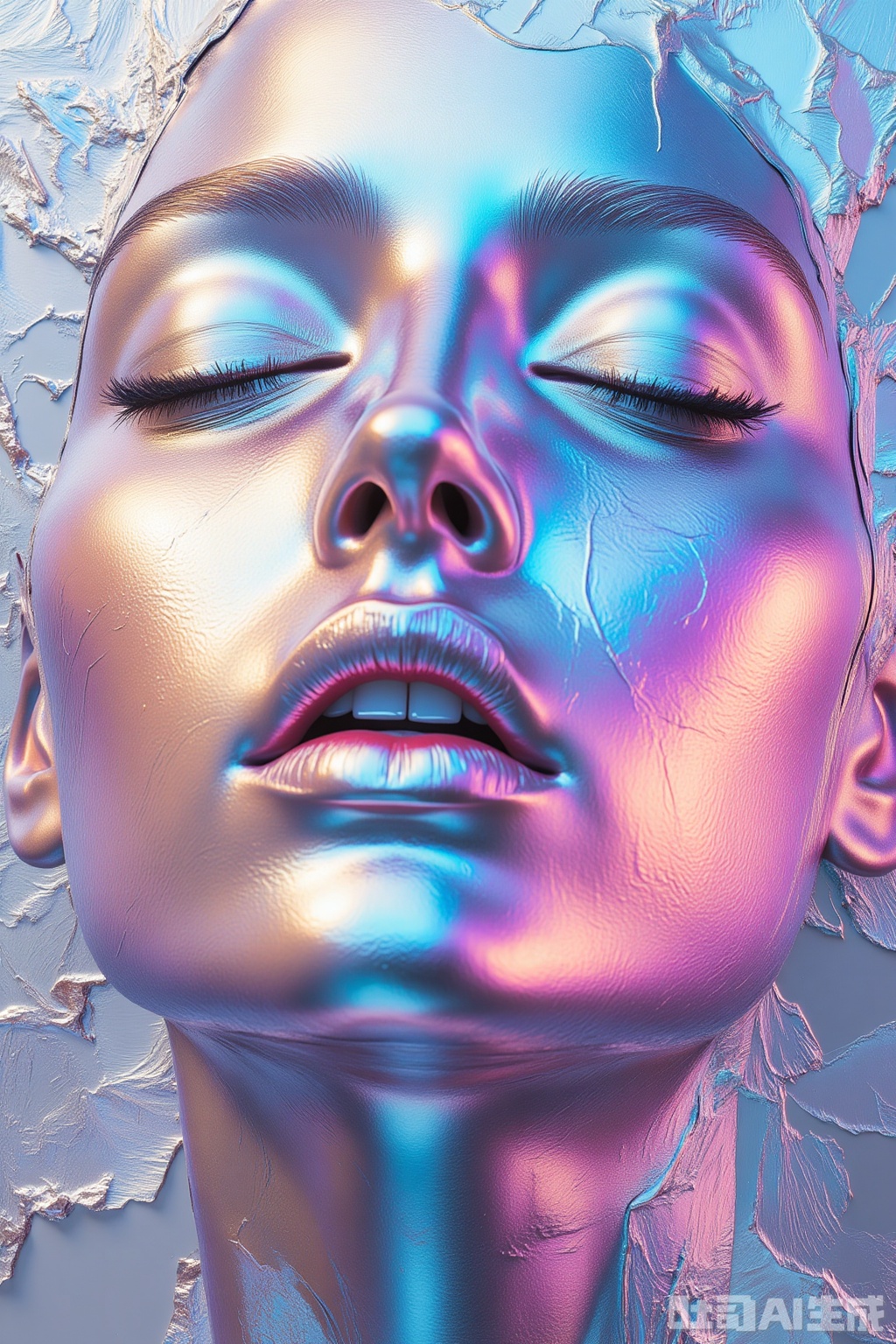OBlvbo
The image depicts a highly stylized and artistic representation of a human face. The face is rendered with a smooth

metallic texture that reflects iridescent colors

including shades of blue

pink

and purple. The eyes are closed

and the lips are slightly parted

giving a serene and contemplative expression. The background consists of a textured

abstract pattern that complements the face

with similar iridescent hues and textures. The overall composition is visually striking and evokes a sense of modernity and elegance.

